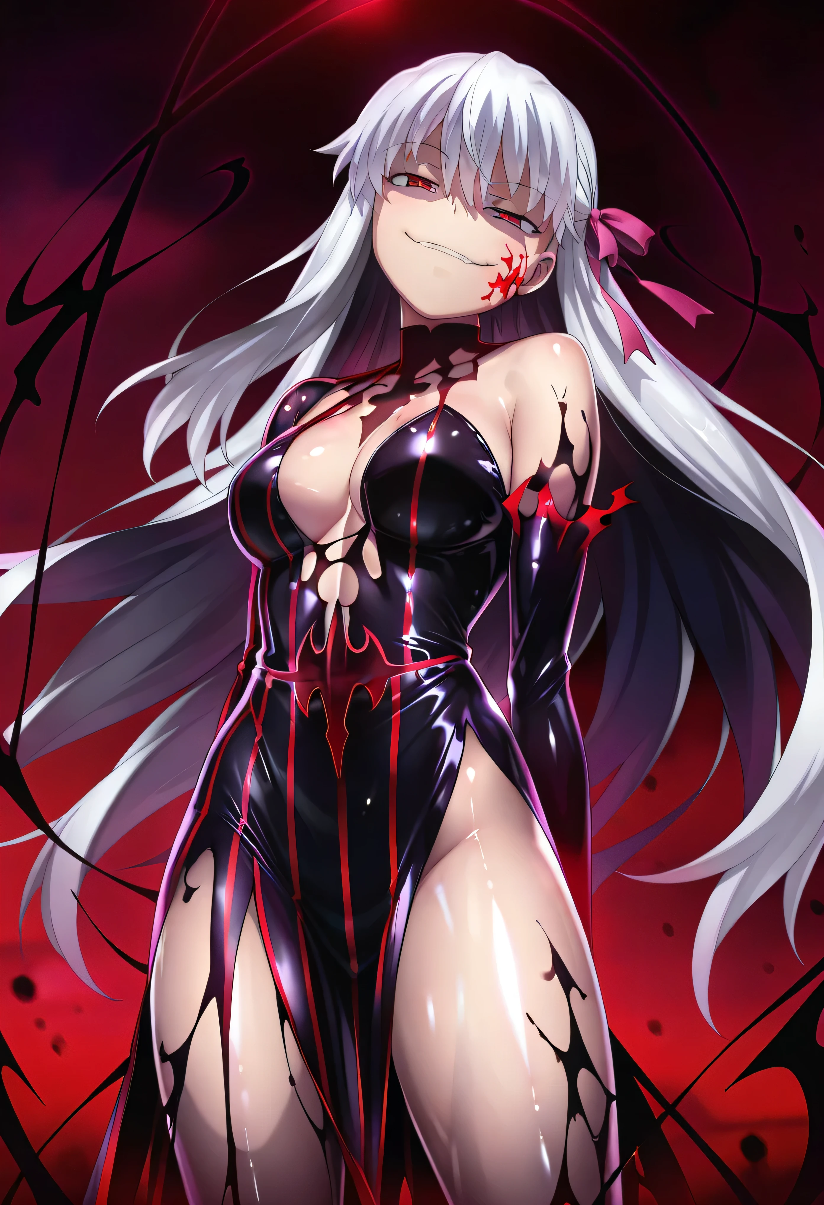 ((Best masterpiece, Perfect quality, Ultra detailed)), A skinny girl, With small bust, With white hair, Is parasitic, Wearing black bikinis, Injured body, Bloody wounds, Mutated limbs, Parasites, Grotesque, Full body