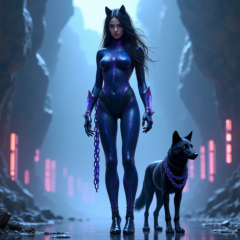 White woman with green eyes and long wavy purple hair, curve rock warrior in black with her chubby floppy-eared pug