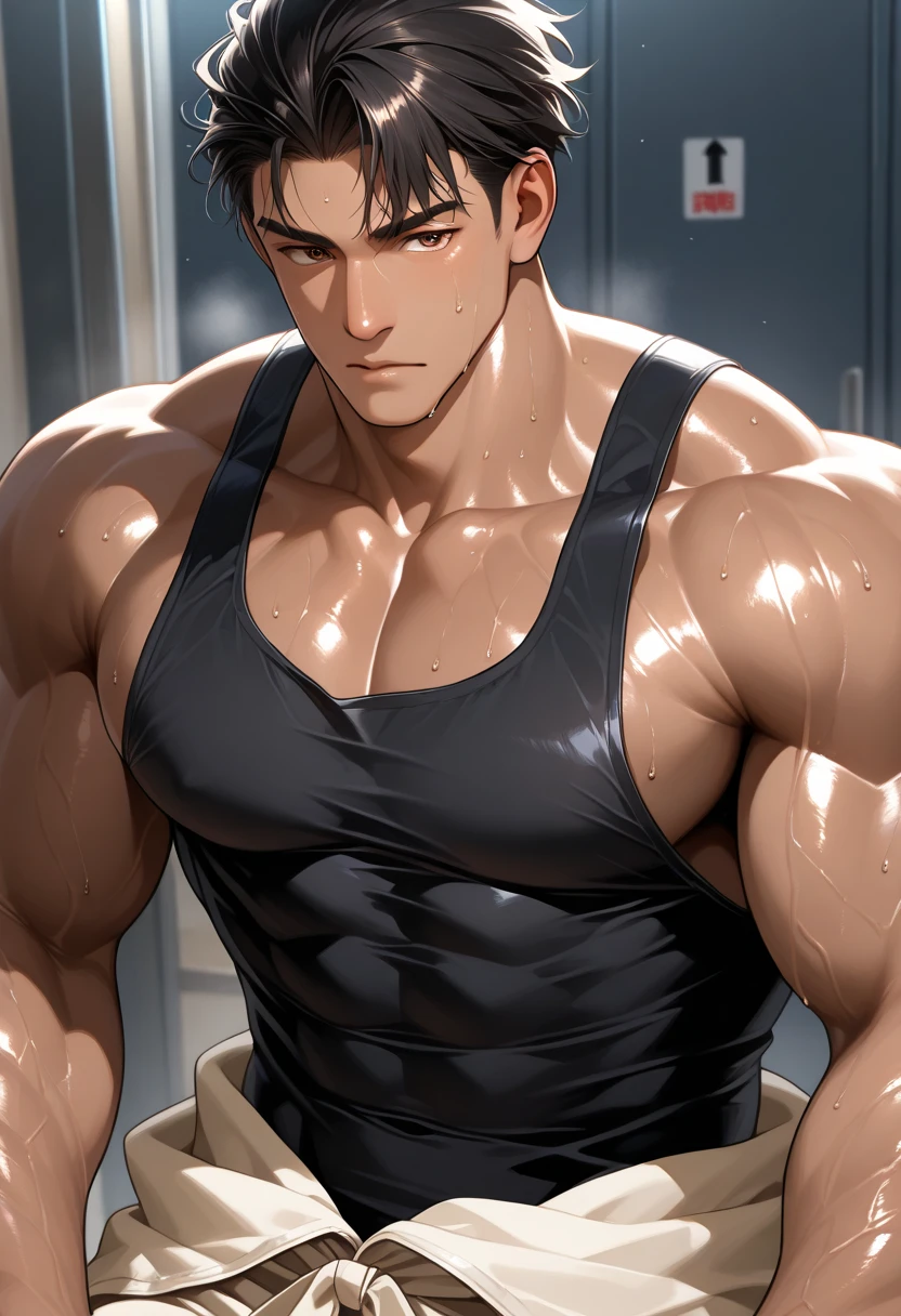 shirtless super muscular sweat-drenched 23-year old short black hair handsome caucasian male, white mesh see-through tank top, tattered jeans, sneakers, hands on the head showing underarms 