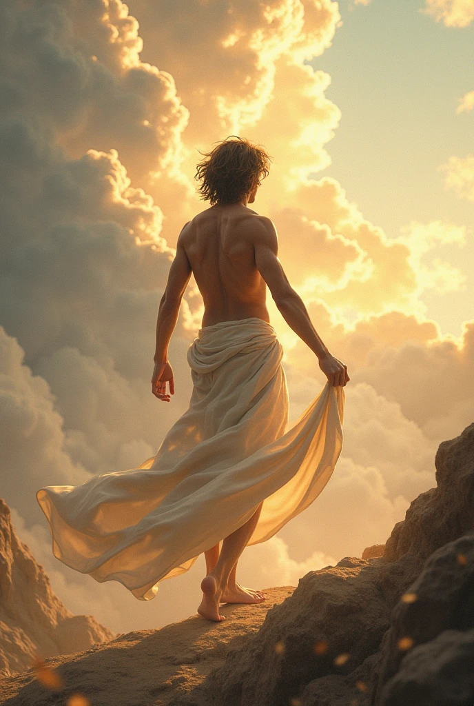 This image depicts a painting of Jesus Christ walking on water with his arms outstretched upwards worshiping heaven. The scene is peaceful, with clouds in the sky combining the colors sky blue and sunset orange and a sense of tranquility. The colors of the painting are mainly earth tones, with warm orange accents.view extreme wide shot, Nikon D850 camera with a Nikkor 70-200mm f/2.8E FL ED VR lens