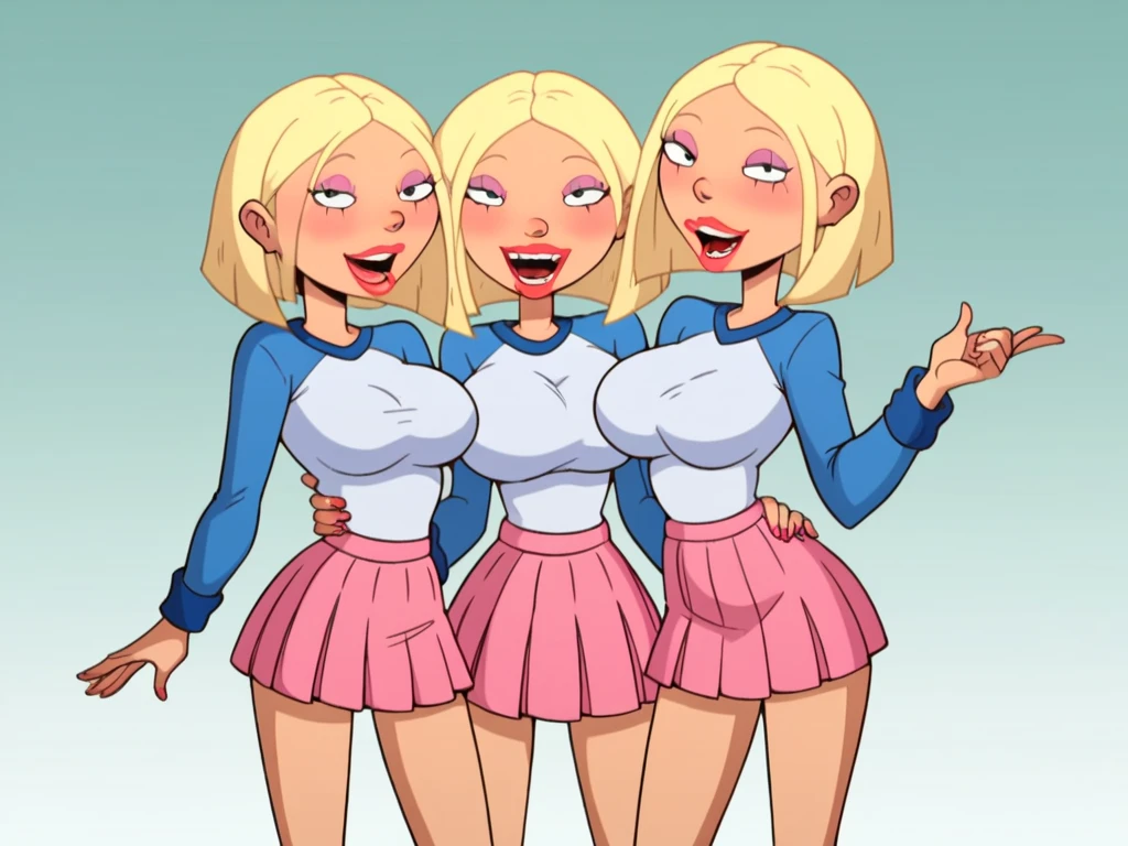 A sexy sensual woman beautiful beautiful attraction big breast long blonde yellow hair her gray eye wears a white button-down office shirt and a short purple skirt