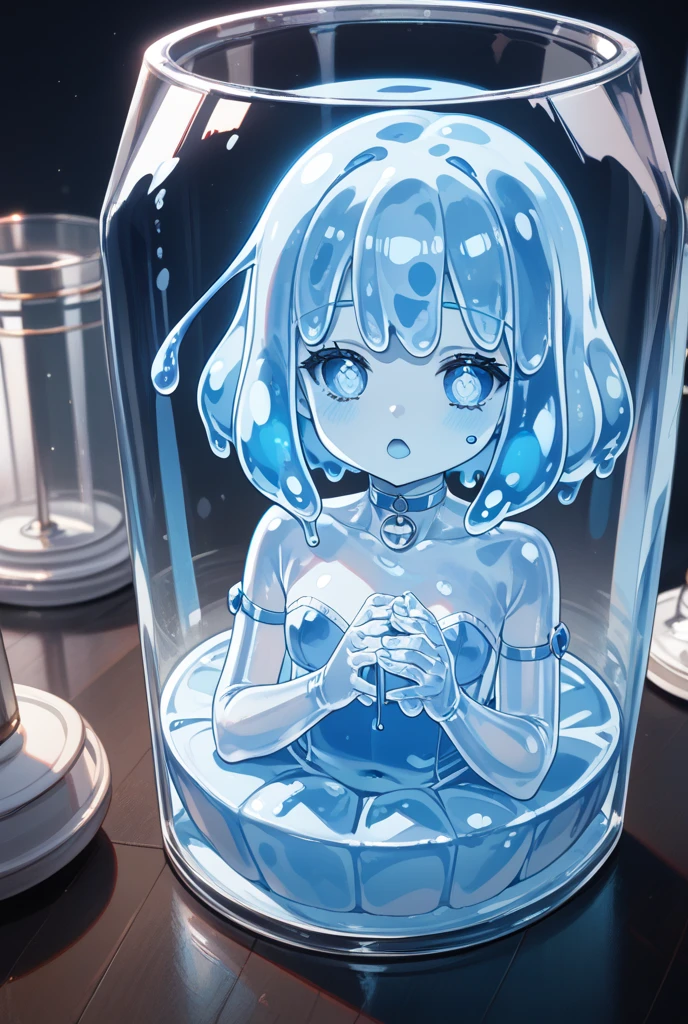 Topless, (slime girl: 1.3), blue transparent slime, masterpiece, ((clear slime)), water slime