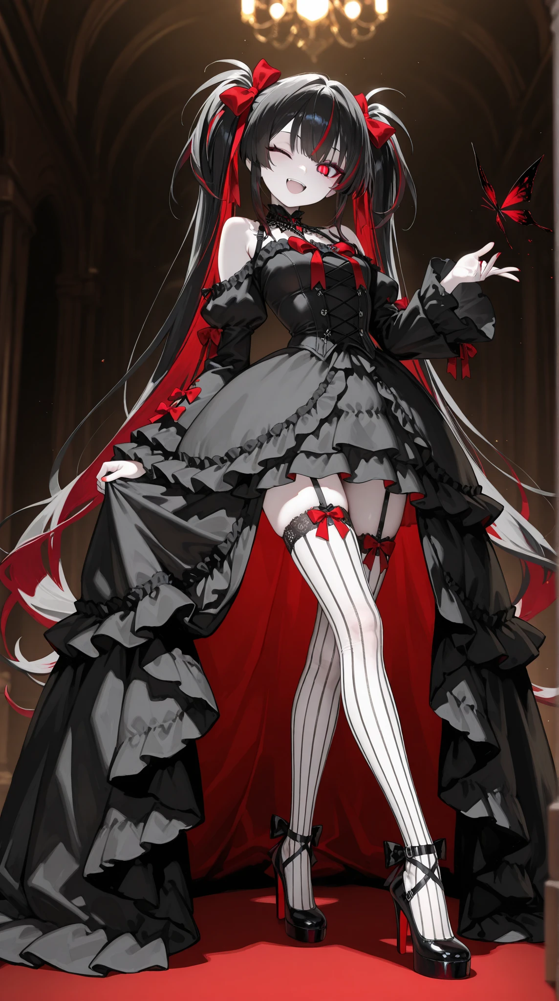 masterpiece, best quality, intricately detailed, a woman, beautiful, elegant, smile, blood, iridescent long hair, bangs, bow, hair bow, skirt, shirt, long sleeves, frills, shoes, bowtie, (red and black:1.4), flower, creepy, horror, skulls