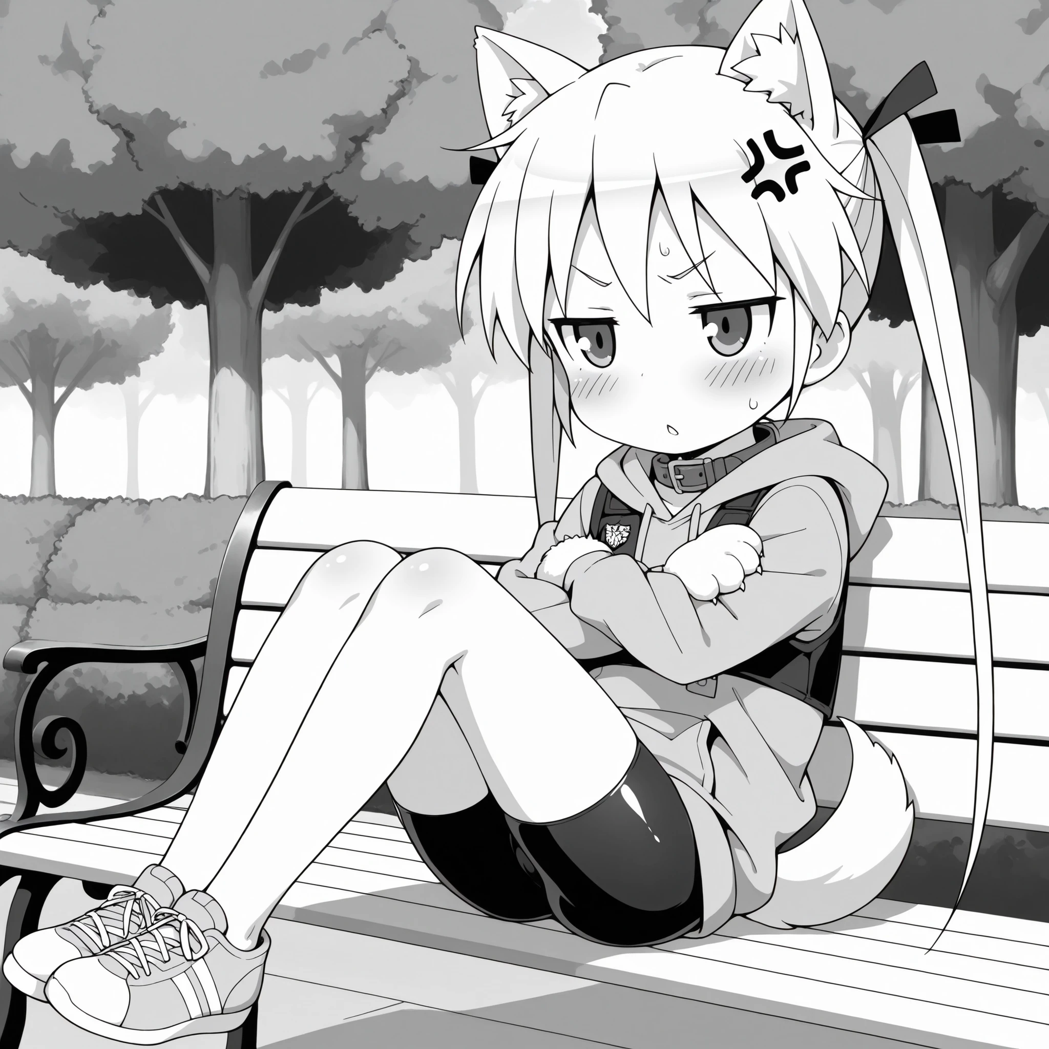 ((anime syale)),,score_9, score_8_up, score_7_up,masterpiece, best quality,ultra detail,1girl,(((park))), (((monochrome))),((((solo)))),sonya,twin tails,white cat ears,((white dog tail)),(white Dog paw glove with claws),(Black police vest),gray leather collar with a golden buckle,((shiny bike shorts)),((gray hoodie)),((long sleeve)),gray sneakers,((sitting
on bench)),((legs together)),((outstretched knees)),((stretched legs)),crossed arms,((front view)),((blush)),sweat,v-shaped eyebrows,jitome,parted lips,dramatic angle,(anger vein),