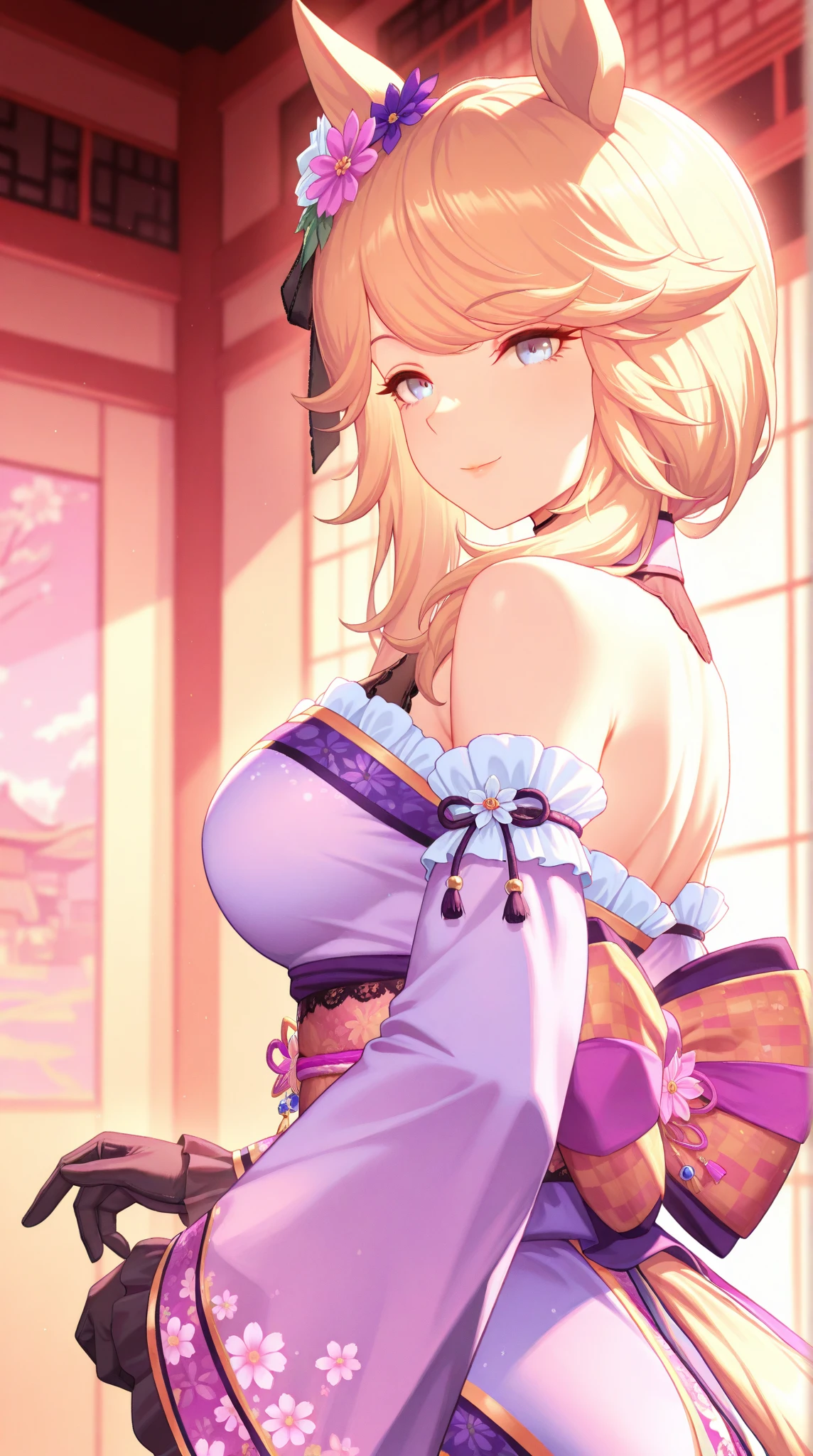 masterpiece, top-quality,, (face perfect:1.1) , (high detailing:1.1), Curvaceous, Wide waist, s lips,、(Colossal tits:1.1)、cleavage of the breast、Bites into the skin、(thick thight:1.1)、a blond、Fox ears、kimono、bare shoulders、Fox tail、