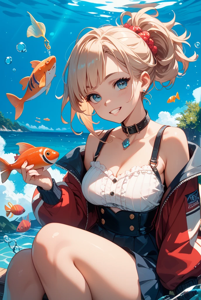 highest quality, masterpiece, Black Hair, Red eyes, look up, Upper Body, cute, Adult Girl, Mature Body, Sunken surface, Frilled shirt, Bra exposure, Blonde Hair, whole body, Dolphin Shorts