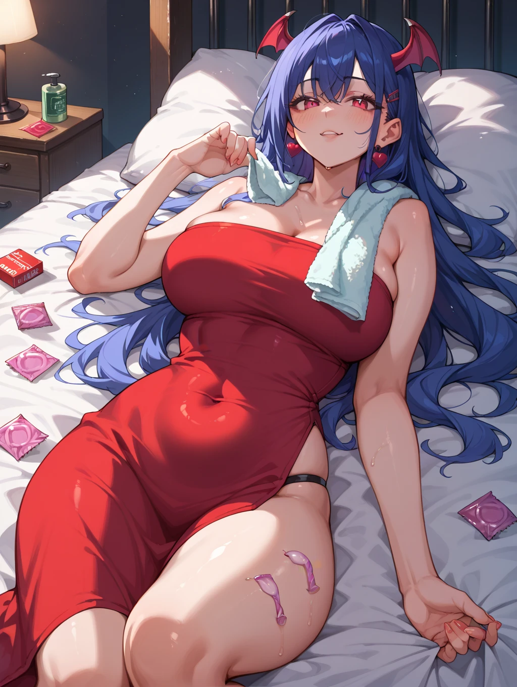 (masterpiece, best quality)a girl,Face extremely red,White bikini with two dots on top,miniskirt,standing splits,small breasts,pain,lying on white bed,detail,Completely soaked,completely wet,Awkward,Fear,surprise,Extreme shyness,doubt