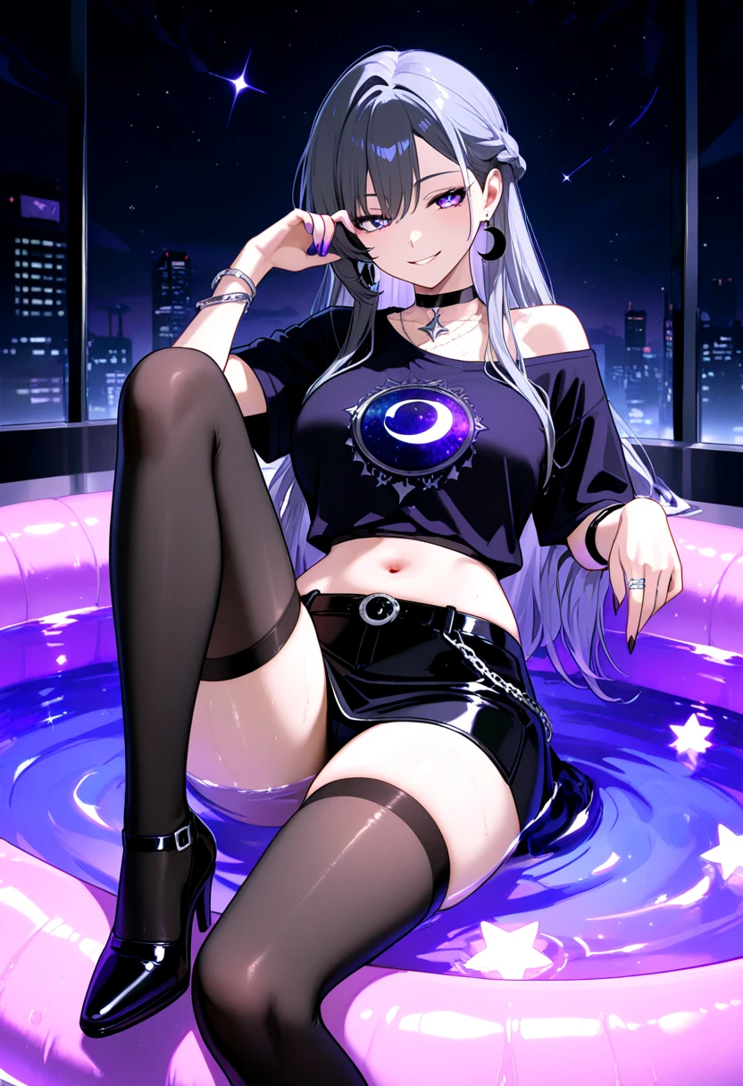 A woman wearing a white bikini and headphones、A beautiful night view behind、Big Breasts、sexy、Indoor pool with a night view、Moonlight、Unbuttoned、Downlight、full moon、Stylish interior、Ruby Eye、Woman lying on a vinyl boat