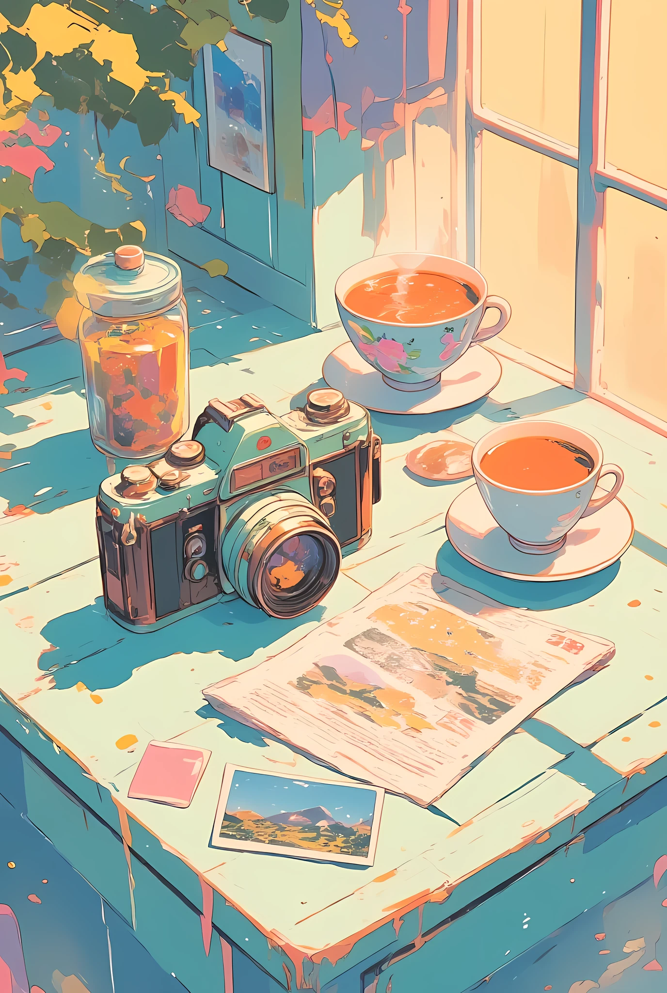 The image captures a charming still-life scene infused with cozy vibes and pastel pop art anime style. At the center, a vintage camera with a whimsical teal-and-brown finish rests gently on a distressed, sky-blue wooden table. The camera’s buttons and dials are rendered with soft shading and subtle highlights, giving it a nostalgic yet playful aesthetic reminiscent of a retro anime world.

Beside the camera sits a delicate white teacup filled with warm tea, gentle steam curling upward in soft pastel swirls. The cup features a dainty floral pattern in pink and lavender, matching its saucer, both glowing under warm, filtered light. The tea’s amber tone reflects the table’s textured surface, which shows signs of artistic wear—chipped paint, faded streaks, and splatters in blush pinks and mint greens that add to the hand-painted charm.

Behind the cup lies a newspaper, its paper edges curling slightly, with printed Chinese characters that add a touch of cultural elegance. Two small photographs lie casually on the table—one depicts a serene, pastel-toned mountain landscape, while the other is slightly obscured, hinting at hidden memories.

The background is softly blurred in warm, buttery hues, giving the scene a sunlit, dreamlike quality. The entire composition feels like a frame from a heartwarming slice-of-life anime, inviting the viewer into a quiet, comforting moment frozen in time