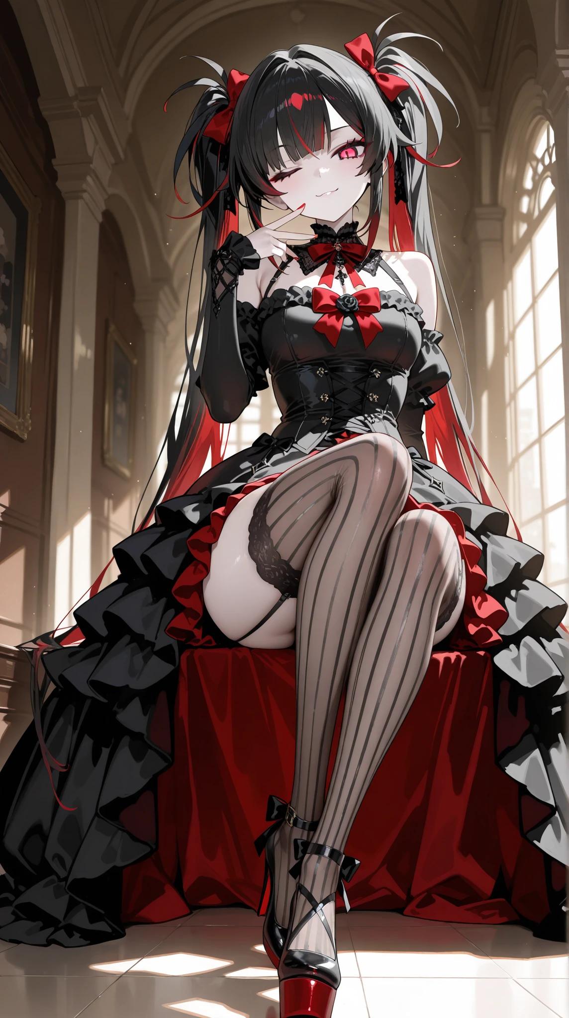 masterpiece, super detailed, precision art, beautiful young woman, 18 years old, waist length straight silky black hair, flawless pale white skin, beautiful blood red eyes, symmetrical face, sexy and beautiful but dangerous and deadly, staring into her eyes is as if you are being marked by a predator, thick and plump blood red lips, slender and athletic body, modest breasts, modest curves, small round ass, tall height(180cm), wearing elegant yet battle ready French maid uniform not showing excessive, thigh-high stockings and detached sleeves, hip level shot