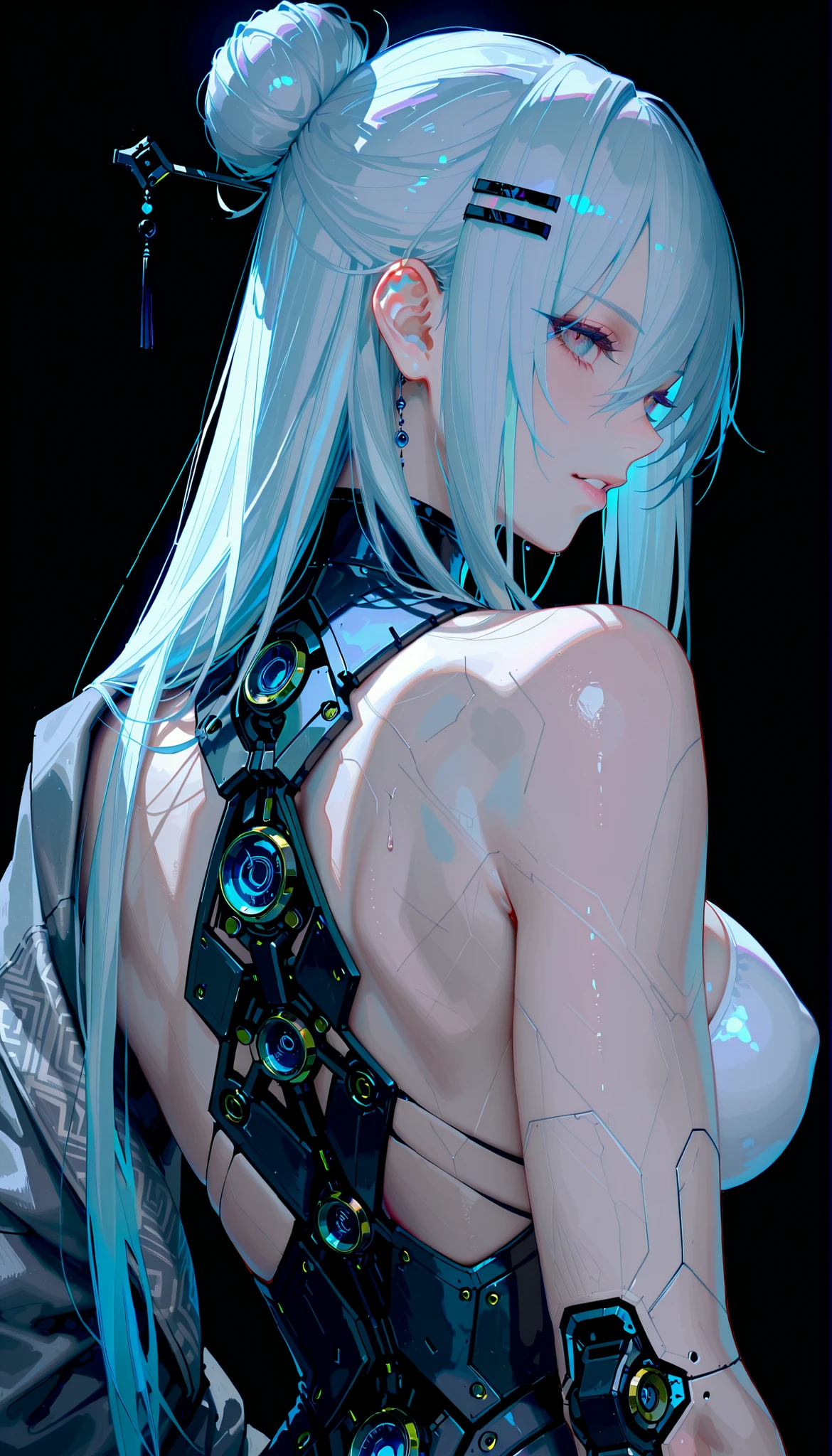 (artist:binggong asylum:1.22), (artist:OKAZU:1.10), (artist:hiten:0.51), artist:WANKE, (artist:ciloranko:0.55), (original character), (masterpiece: 1.2), (best_quality: 1.0), (solo: 1.4), 1woman, 30 years old, ((close-up, upper body)), ((Ultra Detailed, Cinematic, hyper detailed, Hyperresolution, official arts, Wallpaper 40k)), ((vinous hair, (long hair, high hair bun, hairpin in the hair)), voluminous hair, Beautiful finger, Beautiful body, Beautiful nose, Beautiful character design, perfect eyes detail, perfect face, Bright_Front_face_Lighting, (bright_color: 1.2), (beautiful, medium breasts size: 1.2), parted breasts, (beautiful, big ass), (wide hips, muscular hips), muscular woman, (beautiful_face: 1.5), medium physique, ((futuristic mechanical body, black and grey colors body, gray jacket)), (tall), seductive, ((muscular body), back view, view from the back, black background, simple background,