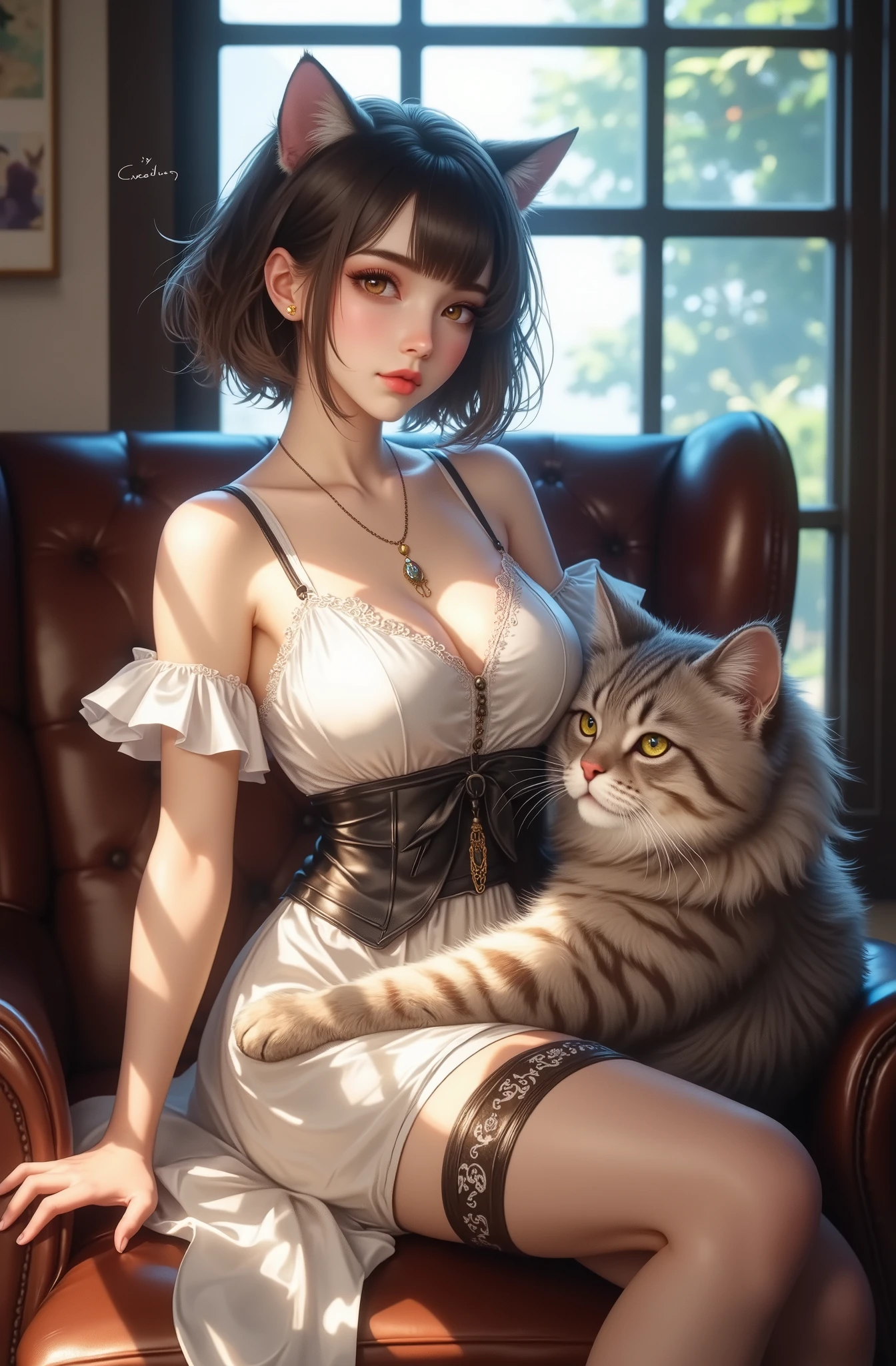(masterpiece:1.3),(best quality, highest quality),((Full Body Shot,Including face)),1girl,4K,masterpiece,((Focus on the face)),((Symmetrical facial features)),Beautiful woman,slender,Beautiful feet,((enamel,Gloss,Striped long skirt,High heels,black garter stockings)),Detailed depiction of the face(,Sit on the stairs:1.5),corset,Panty shot