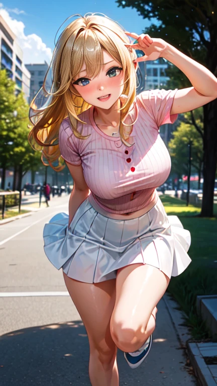 Ray Tracing,Global Illumination,3girl,chibi:1.49, bronze large eyes, brown, shaggy hair,worried _face,shiny skin,huge breasts,thick thighs,, Off-the-shoulder_white_crop_top, high-waisted_denim_shorts, woven_slides, layered_necklaces, straw_fedora_hat, , Elevated_outdoor_space_for_growing_and_exhibiting_plants, looking at viewer,