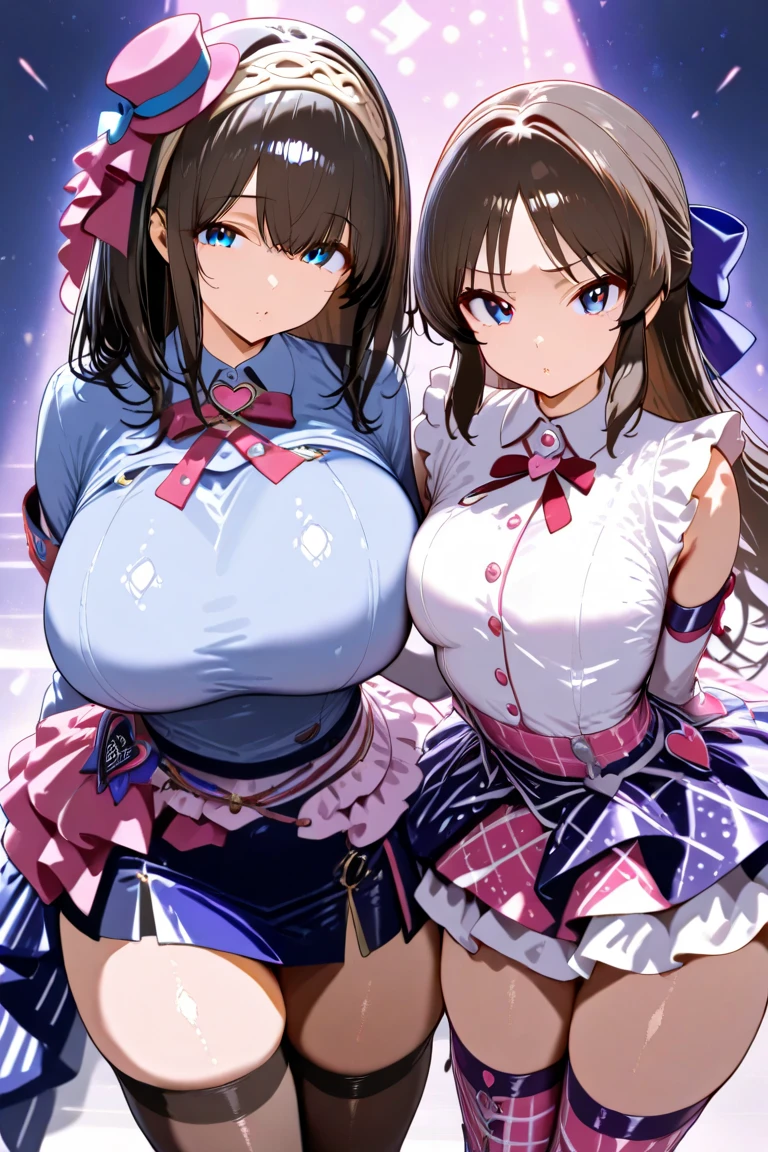 highest quality,wonderful,finely,extremely detailed CG Unity 8K wallpaper, (girls, cute eyes, (magical pink girl outfit,frill mini skirt:1.1), Black Hair, blue eyes, side ponytail, clothed), (sparkling eyes:1.2), (glamorous:1.1), (huge breasts), (cleavage), (open mouth:1.1), (long tongue:1.1), (black stockings:1.2),(Thighs:1.2)