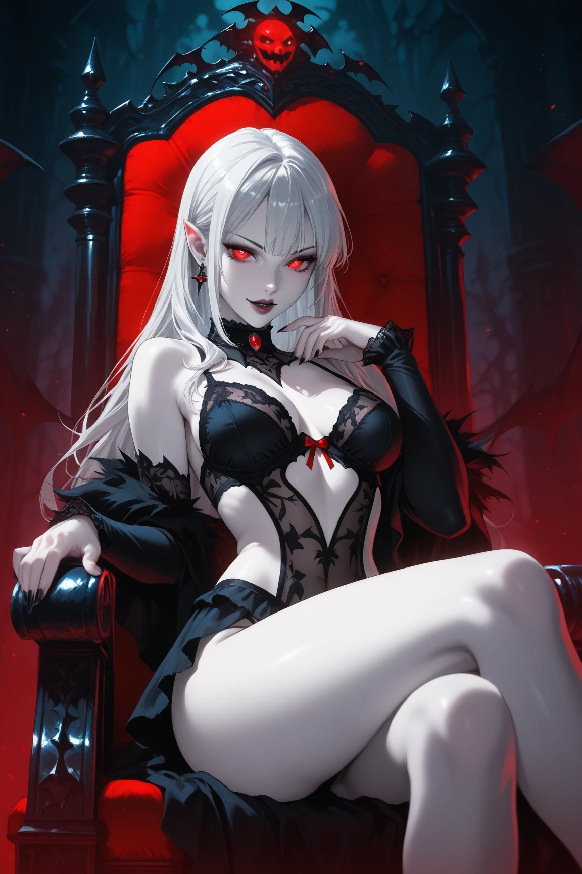 Female Vampire With Ruby Eyes Sitting Sexily on Throne, Long White Hair,
(best quality, highres: 1.2)
1 vampire, ruby eyes, long white hair, extremely detailed, long lashes, dark background, exquisitely rendered, close-up portrait, vampiric elegance, bare shoulders, seductive smile, sensual pose, sitting, red lips, sharp fang, high-contrast lighting, vampire-themed crown, Gothic throne