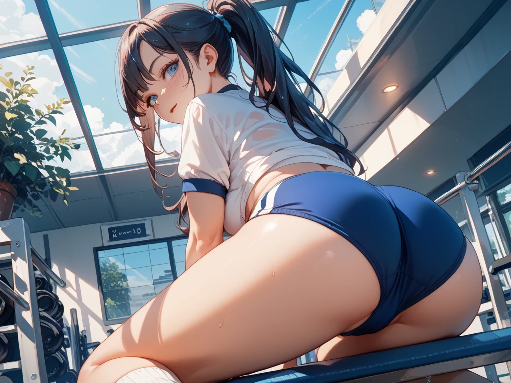 (software:1.5), (Tennis Wear、Skort)、Dark brown wavy long hair、Droopy eyes, Thick thighs, Such an ass, Liar, bed, Open crotch, Dettol, Spread your legs, Show your side, Down the Out、Tears are overflowing、Glasses、(Dynamic pose)、Untidy body、Dynamic Angles、Turning around、Big Ass、It's digging into my ass