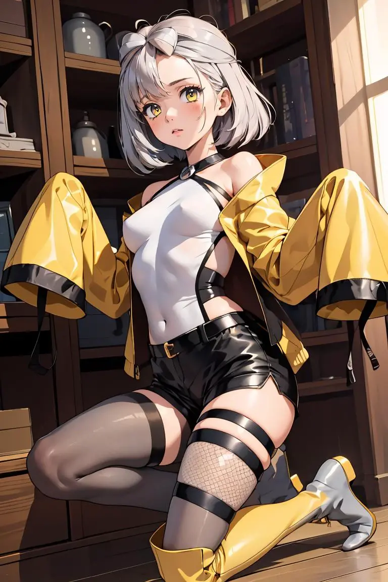 Young black girl, black skin, white colored hair, Bob hairstyle, Orange Eyes, Green rich top, Sleeveless, pantyhouse, crown, Shorts, open breasts, anger, Masterpiece, hiquality