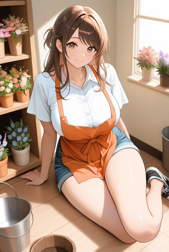 masterpiece, best quality,(NSFW:0.7), (kunikida hanamaru:0.999), (long hair:0.888), (breasts:0.878), (brown hair:0.875), (looking at viewer:0.699), (large breasts:1.0), Blush, oversize blouse,pants, stylish, cooking, sapron, kitchen, light rays, glow, thighs, collarbone, smile