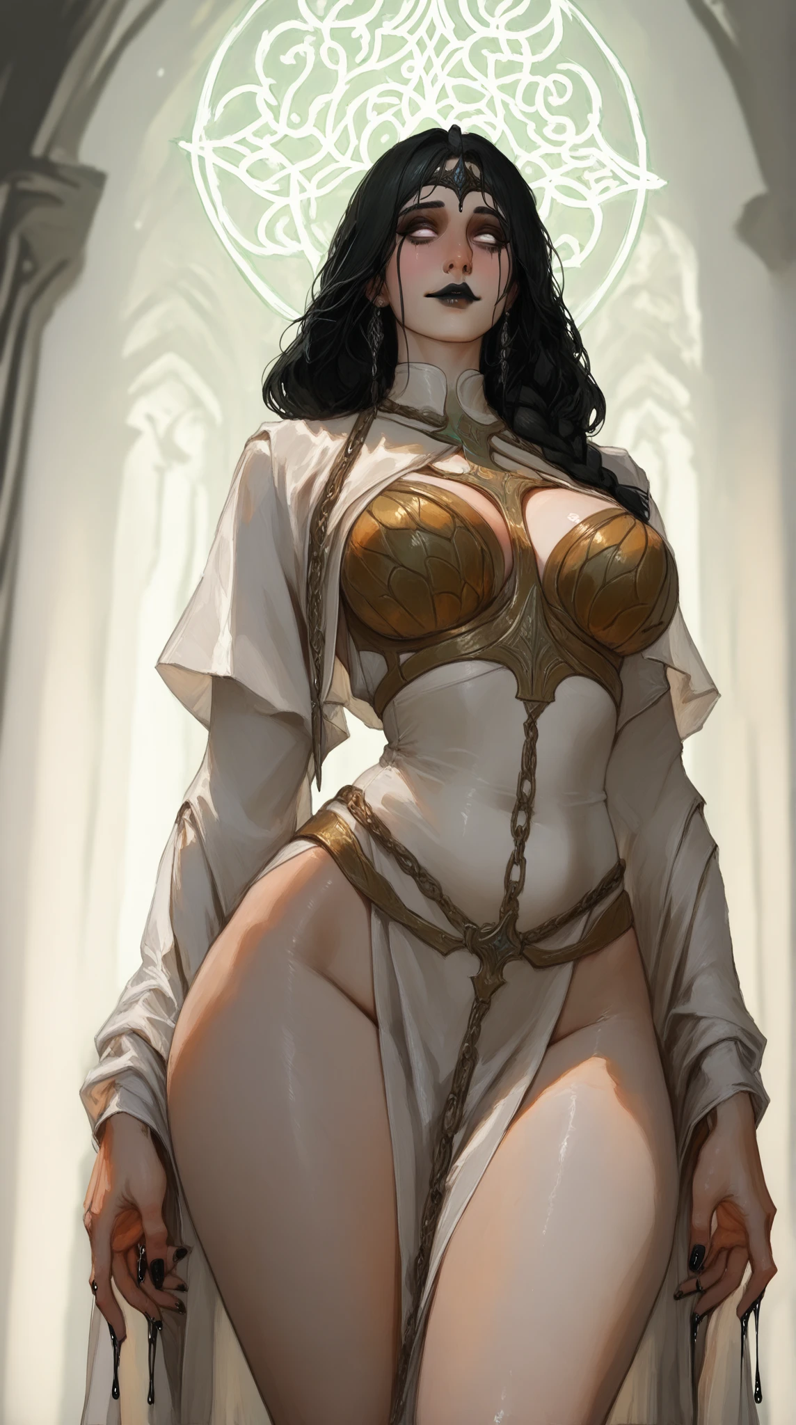 ((masterpiece)),(((best quality))),((character design sheet)), ((full body view)) ((cyberpunk empress)) mature face, ((middle eastern eyes:1.4)), ((cybernetic gown)), (((intricate futuristic breastplate))), defined cheekbones, high cheekbones, illustration, muscular, ((cyber gold:1.4)), sexy bimbo, (gigantic breasts:1.7) black hair, ((detailed face:1.4)) beautiful woman, (Chinese:1.4) (white skin:1.4) , (red lipstick:1.4), shiny skin, scribbles and marks,(puffy lips:1.4) , rough sketches, pose, 8k,16k, (simple background, white background: 1.3) ((warm color palette)), ((cyberpunk aesthetic))