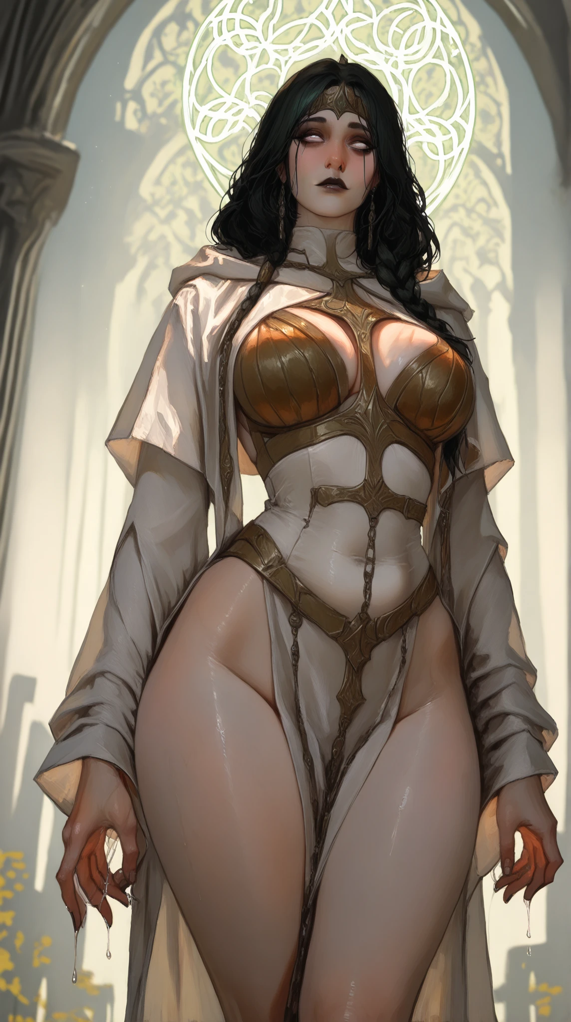 1female,25 age old,Large breasts,long leges,Big breasts Thin waist,Pornographic exposure, 独奏,(Background with:ln the forest,the rainforest,in summer) She has long purple hair,standing on your feet,Sweat profusely,drenched all over the body,seen from the front, curlies, mostly cloudy sky,(((tmasterpiece),(Very detailed CG unity 8K wallpaper),best qualtiy,cinmatic lighting,detailed back ground,beatiful detailed eyes,Bright pupils,(Very fine and beautiful),(Beautiful and detailed eye description),ultra - detailed,tmasterpiece,)),facing at camera,A high resolution,ultra - detailed),revealing breasts,Bare genitalia, Bulge,Camel toes,Raised sexy,Flushed complexion,Open-mouthed,frontage,over-Tortoise Man(Wearing:White cloak,Superman uniform,Pantyhose)nakeness,high-heels