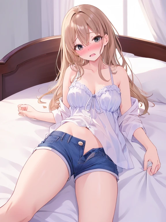 masterpiece, best quality, ultra detailed, anime style, 1girl, young, cute, (oily skin), (shiny body), (slender, lean, thin legs), long wavy hair, light brown hair, closed eyes, pleasant bedroom, luxurious, lying down, sleeping, relaxed pose, sexy lingerie, nightdress, (spread legs:0.75), warm, beautiful face, happy, full body, round breasts,