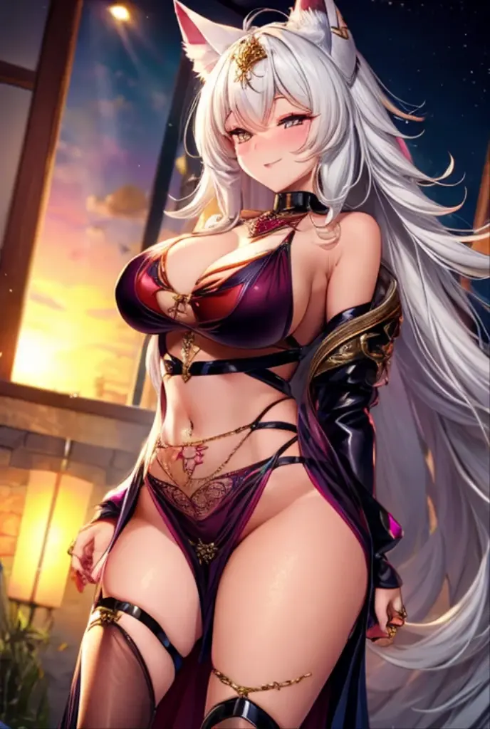 elf Voluptuous body, purple iris, twintail-white-hair naughty-smile-glossy-meaty-lips heavy-makeup pretty-super-detailed-face unusual-pupils,
Wearing bellydancer cosplay,
seductively posing at night in fancy school,
concept art by ratatatat74 hyper detailed realistic illustration bump mapping and hyper detailed background,
randomize uniform color