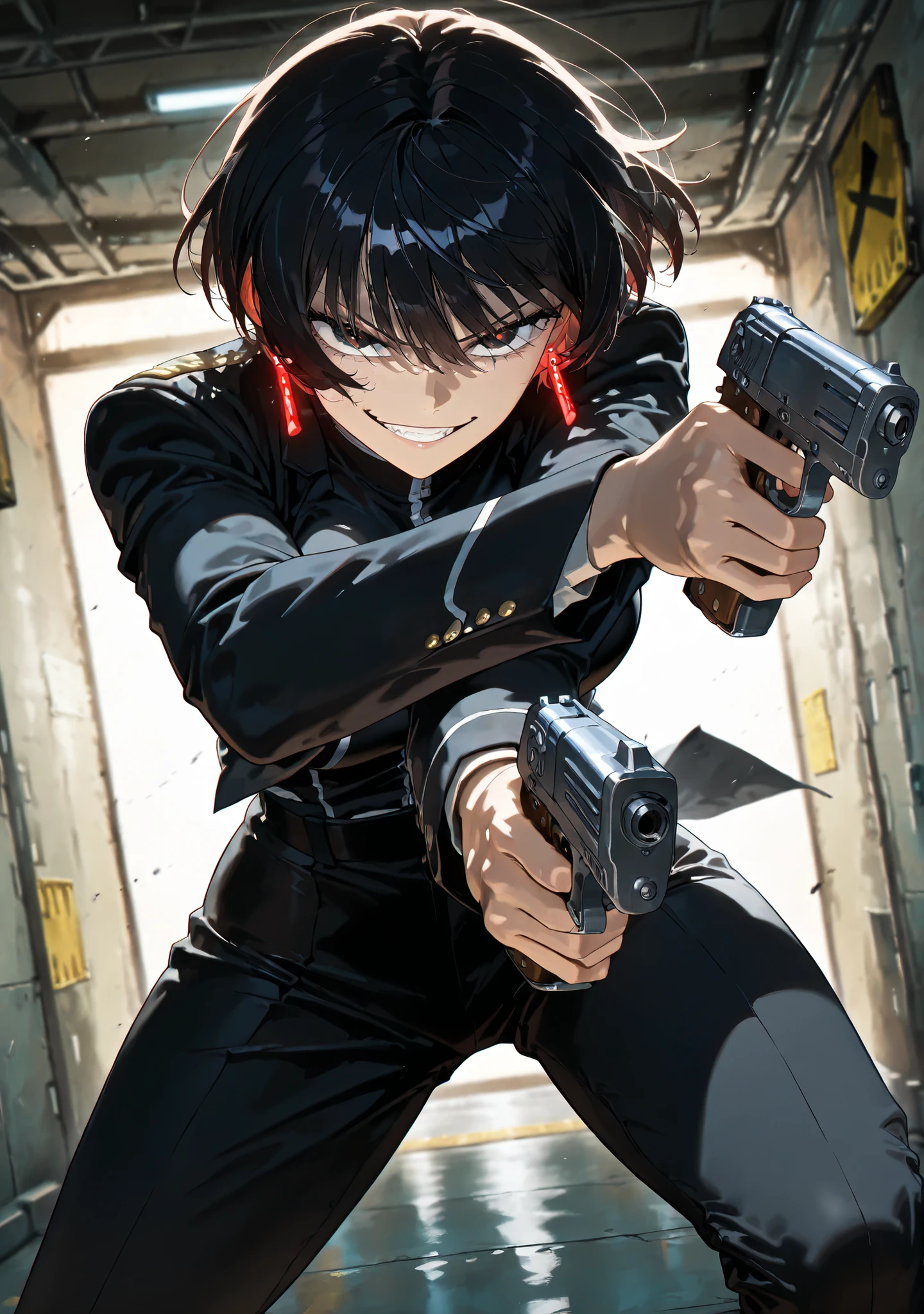 (anime coloring),(anime style),(masterpiece:1.2), (best quality:1.2), (very aesthetic:1.2), (absurdres:1.2), (detailed background:1.2),(newest),(highly detailed),(dynamic lighting), kagari hiyuki (kagurabachi),1girl, kagari hiyuki, black hair, short hair, red earrings, solo, detailed face and eyes, nice hands, nice fingers, evil grin, battle stance, combat, female focus, skinny waist, large breasts, wide hips, thick thighs, indoors, underground bunker, cinematic angle, cinematic pose, maximum facial details, maximum detailed textures, maximum detailed shadows, maximum detailed, glowneon, holding handguns, dual wielding