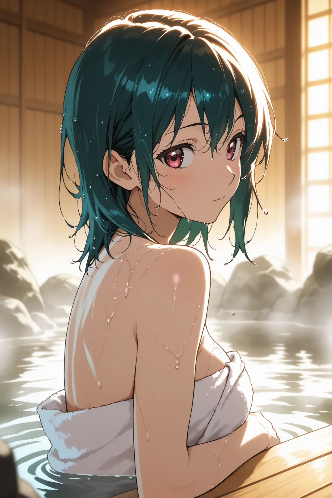 NSFW,masterpiece,Highest quality,High resolution,Super detailed,Sinon\(Sword Art Online\),nude,bath towel,Embarrassed,expectant face,Bad smile,blush,hot spring,Open-air bath,mixed bathing,(male),Hug