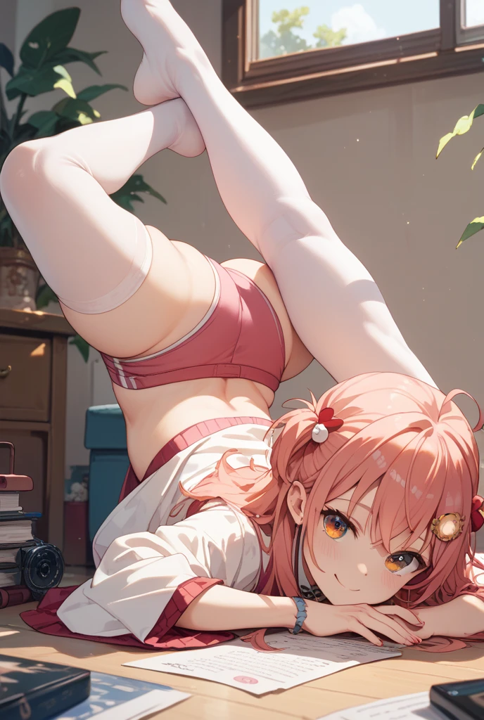 1girl, pink hair, red eyes, freckles, jack-o' challenge, flexible, spread legs, top-down bottom-up, <lora:facedownassup:1>,