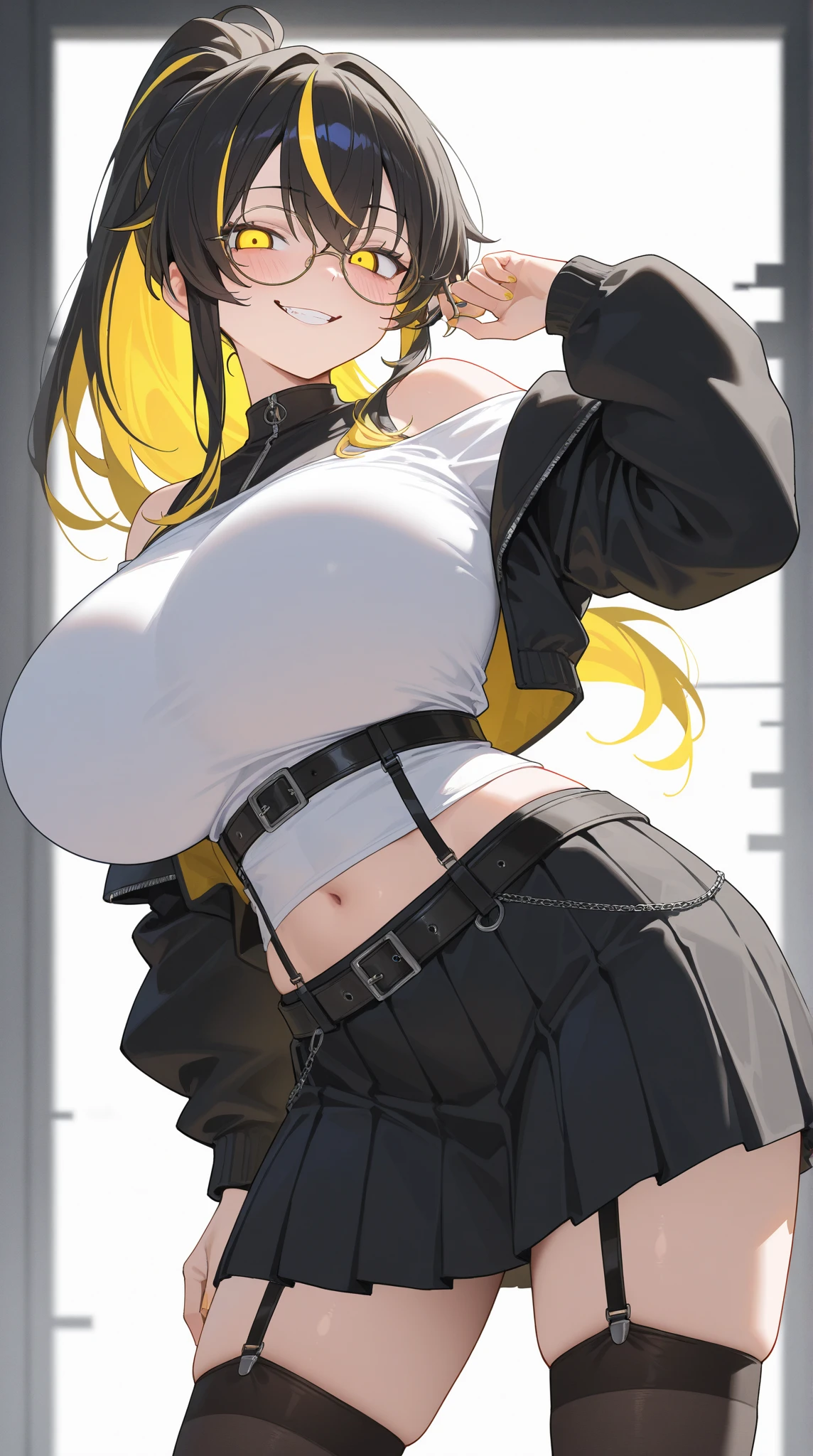 (best quality:1.5, highres, UHD, 4K, detailed lighting, shaders), blonde ponytail, large breasts, cleavage, open jacket, camisole, crop top, shorts, thighs, (pov, close shot), street background