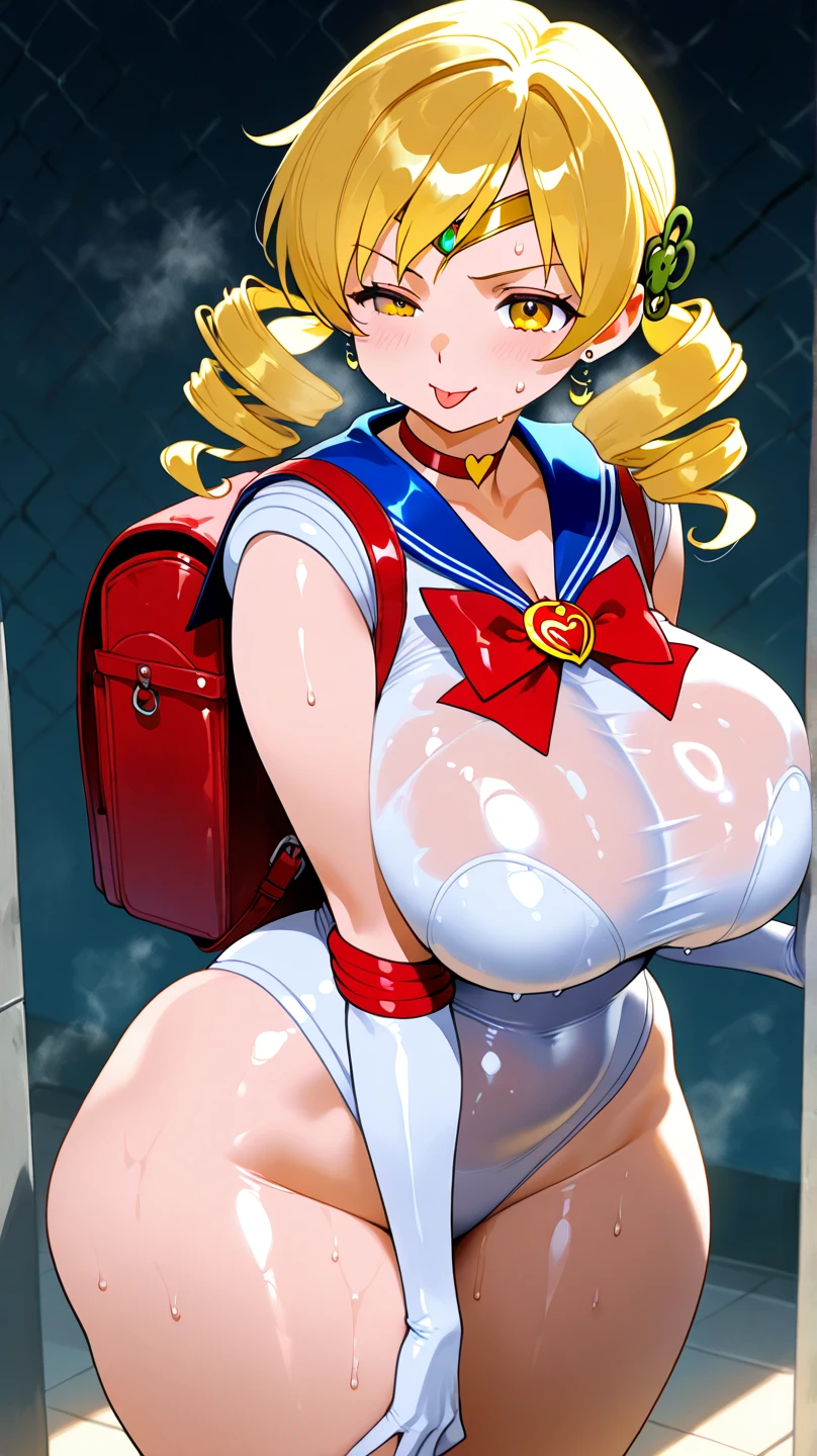 High resolution,  Sailor Moon, anime, masterpiece, 1girl, ((bimbo))), sexy face, blue eyes, blond hair, double buns, long twintails, puffy lips, painted lips, thick lips, wide hips, thick thigh, enormous fake breasts, huge round ass, shiny skin, parted bangs, hair ornament, circlet, jewelry, earrings, choker, see-through, red bow, white elbow gloves, blue skirt, sailor senshi uniform, oily skin, bossy, picture from above,
