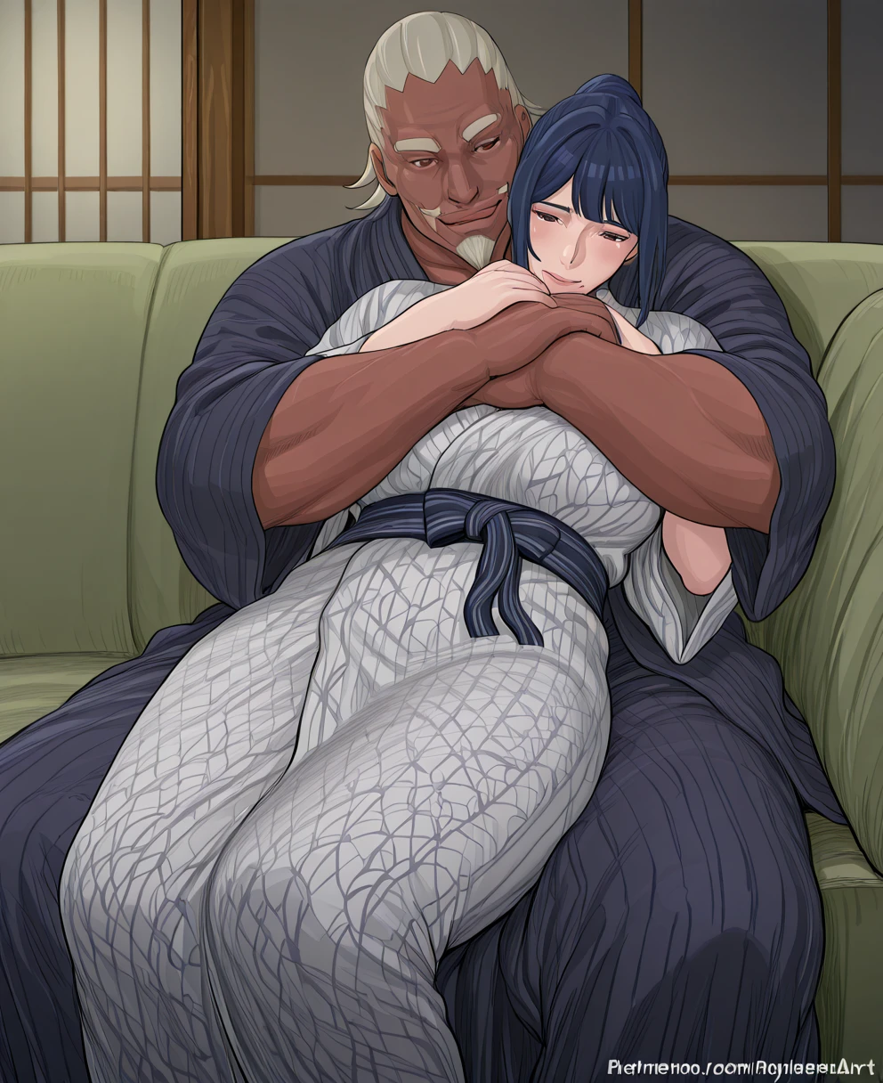 score_9, score_8_up, score_7_up, score_6_up, score_5_up, score_4_up,source_anime, BREAK uncensored, official art, official style,anime_screencap , anime coloring ,dbj , qqx, cch, [[zjw]] , 1girl ,Koubuin Yuuhi, blue hair , purple hair , high ponytail , blue eyes , (((rolling eyes))) , (((cry))) , (((tears))) , (((saliva))) , (((clenched teeth))) , kimono , sex from behind, 1girl, ass , doggystyle, torso grab, motion lines ,rough sex , rape , 1boy, Dark-skinned men , (((Muscular man))), (((ugly man))) , (((Size difference))) 