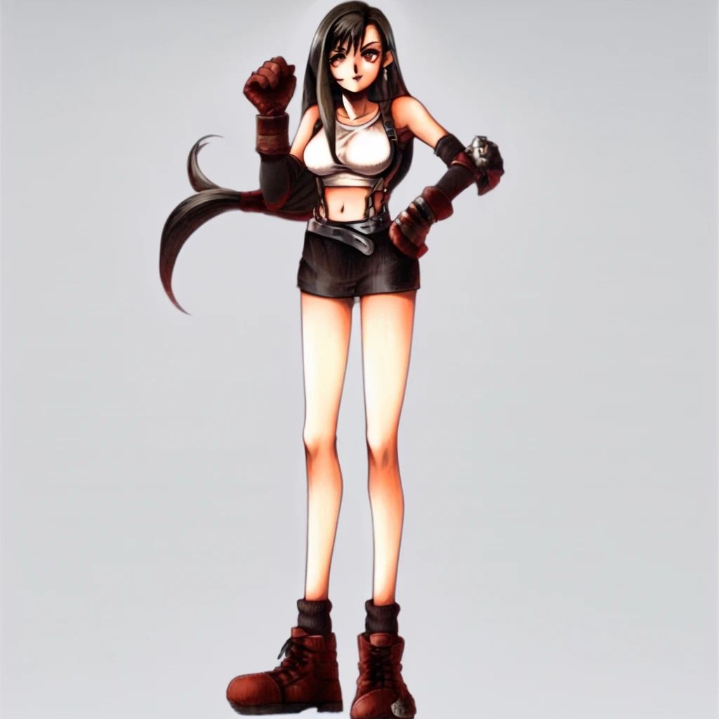 3D, Masterpiece, realistic, best quality, 1girl, long black hair, red eyes, white crop top, black leather skirt, suspenders, red gloves, red boots, tifa_lockhart, fullbody