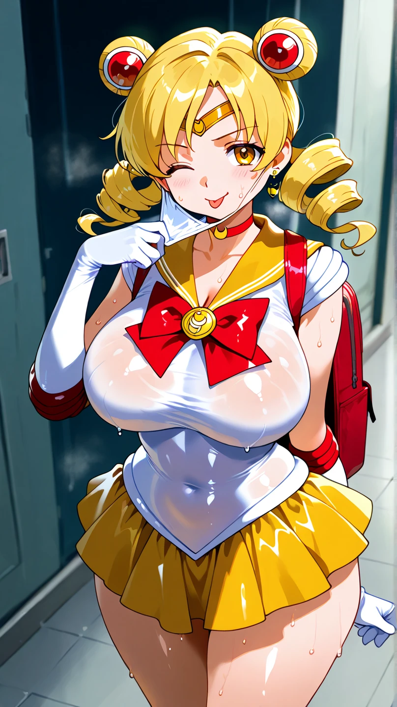masterpiece, best quality, ultra-detailed, illustration,masterpiece, Best quality, high resolution, high resolution, sv1, blonde hair,sailor senshi uniform, orange skirt, elbow gloves, tiara, pleated skirt, miniskirt, red bow, orange choker, white gloves, jewelry,beautiful detailed eyes, looking at viewer in a seductive look, close up, (breast focus), (arms behind back:1.2), (from above:1.1), huge large sized breasts, (breasts out:1.3), attempt to seduce,(wet clothes), bedroom, bed , nipples ,((show nipples:1.5)),((show tits:1.5)), embarrassed , smiling , standing ,((big ass:1.5)),((huge ass:1.5)),panties,(show panties),(from behind:1.6)
