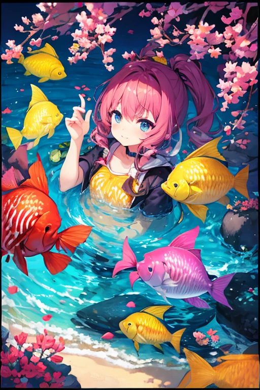 masutepiece、Anime girl in bikini sitting on a rock surrounded by fish, splash art anime loli, Rin, Official art, official anime artwork, Nami, In the sea, kinmoza!, Seductive Anime Girl, beautiful portrait of nami, marin kitagawa fanart, Rei Hiroe, Anime visuals of cute girls, at sea, official artwork
