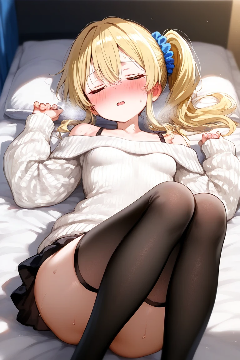 (masterpiece:1.6, highest quality), (beautiful and fine eyes: 1.2), 1 girl, long hair, alone, school uniform, hair ornaments, hair between eyes, two side up, blonde hair, very long hair, skirt, red eyes, sweater vest, Plaid skirt, Plaid, two side up, hair ornaments, pleated skirt, black socks, with socks on, Anime girl lying in bed, crossed legs, half naked,