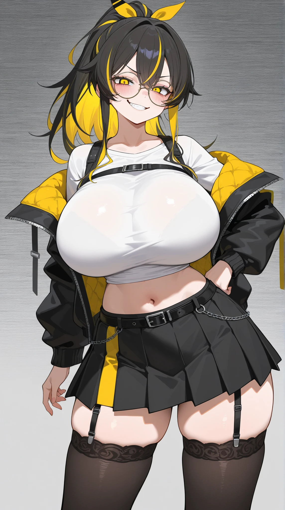 Chica amazona, cuerpo musculoso, un cuerno en su frente, tetas enormes, cabello amarillo, Guantes de combate, botas altas de combate, minifalda, camiseta ajustada, fondo blanco（Fondo de pantalla de anime detallado HD：2.0）