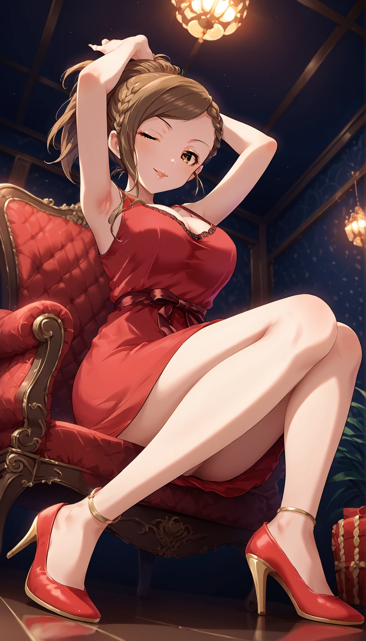 (top-quality, masterpiece, (Ultra high definition,4K), (超A high resolution,in 8K),masutepiece:1.2), (Angle from below), (Perfect Anatomy,Anatomically accurate), (Soft lighting, 光线追踪), (((Open legs sitting on a sofa in the lobby of a luxury hotel))), ((Aerith Gainsborough lookalike)), (cute school girl), Black spats, (cute nightgown), Cute panties, (Crisp double eyelids), (fascinated expression),(Large breasts:1.3),(Soft skin), (Photorealistic), (Soft skin), (colourful hair)