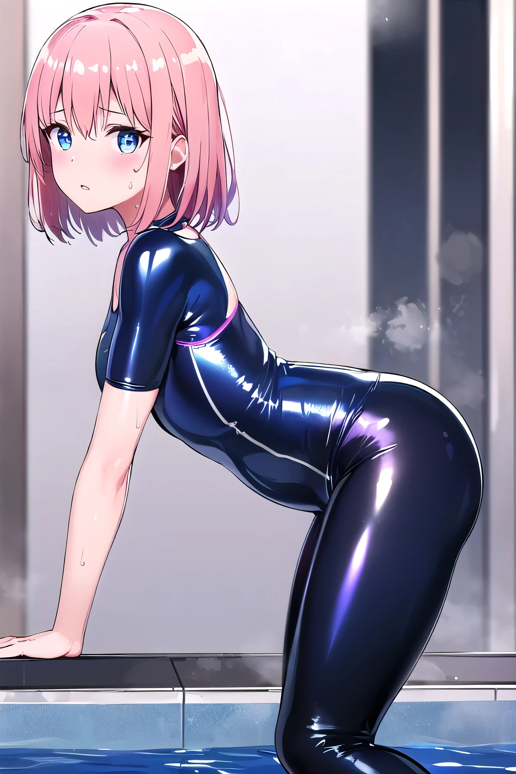girl,boyish,Very short hair, pink Hair, medium Breasts,Black glossy tight suit,Cowboy Shot,blush,sexy face,blue eyes,front leg pose,Tight fit,clearly,Striped pattern, white background