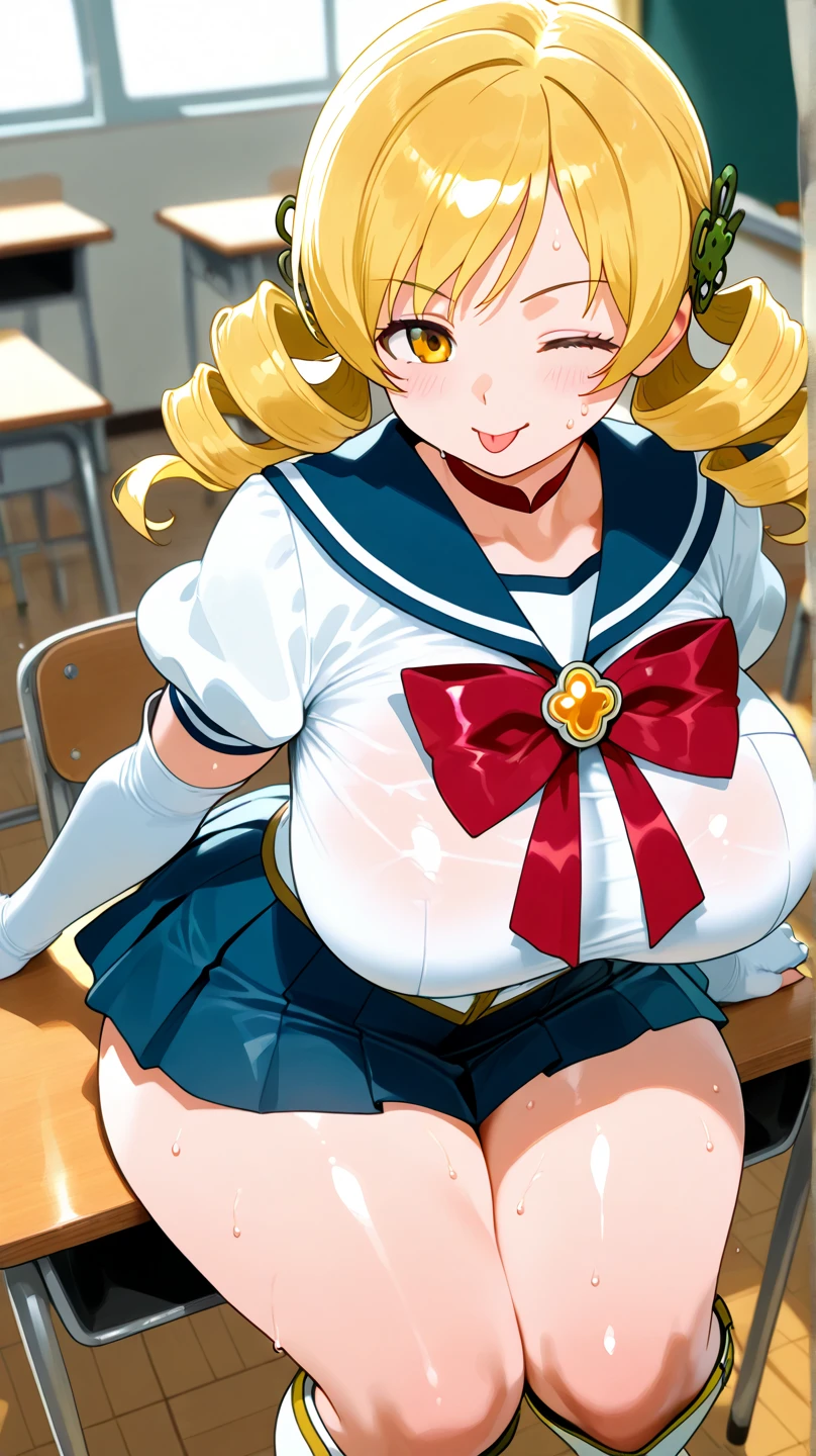 masterpiece, photoreal, high definition, slim waist, long legs, wet skin, huge ass, huge breasts, slim waist, long legs, best quality, absurdres, perfect ???????, 1girl, solo, Sailormoon, (1990s \(style\), blonde hair, long twintails, smile, Mogudan_Ayanami_School_outfit, Seifuku, white thigh highs, legs spread, on bed, covered in cum, wet skin, ??? drip, ???????, breast milk, ??? on face, ??? on tits, lip biting