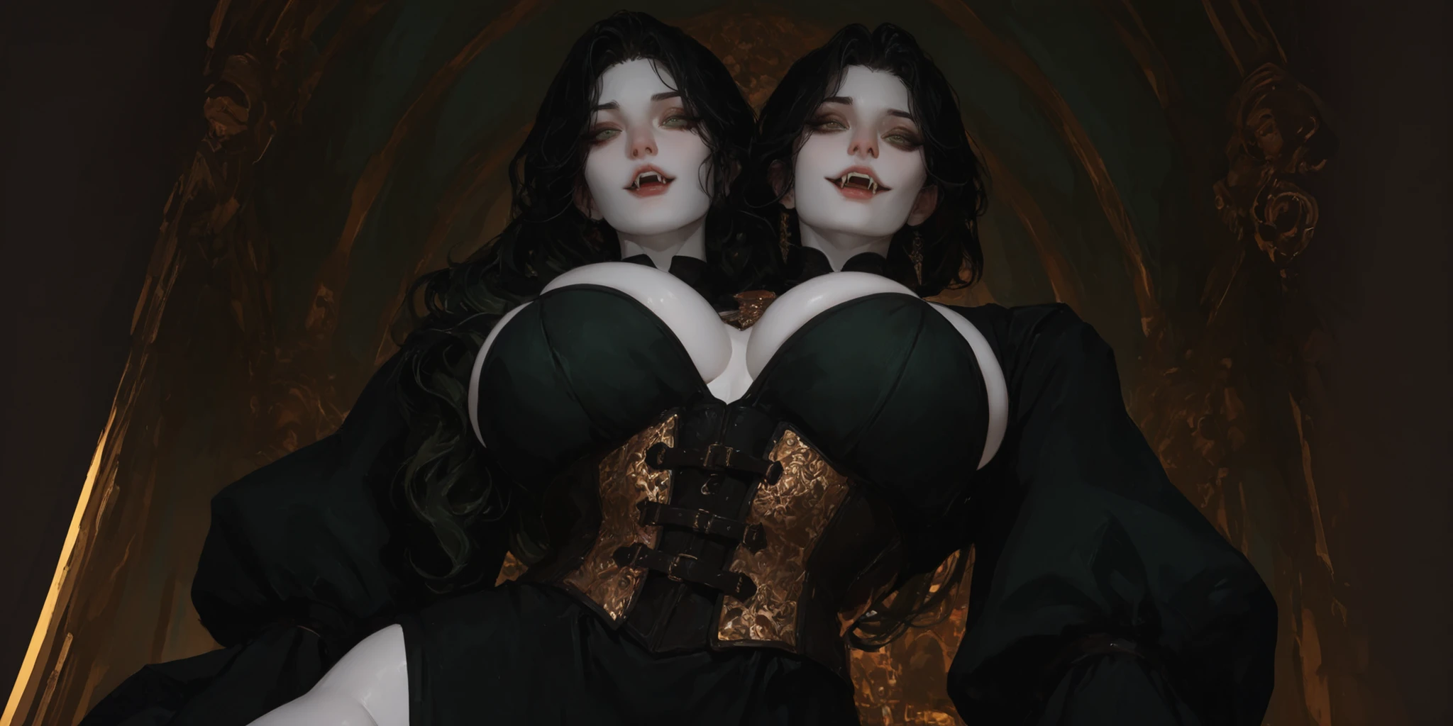 ((best quality)), ((masterpiece)), (detailed), perfect faces, (((Big tits))), ((((sharp image)))), two hot young busty girls, black lava outfit, stocking, beautyful faces, (( long length hair)), ((detailed eyes)), lightning in the background, ((dark castle in the background, ((lace thigh fix), garter belts (((the clothes melt off her))), (((black paint splattered on it))), (flying dragon in a background), black damaged corsets, ((clothes were torn in several places))), latex lingerie, (nun costumes), (((he wearing a black spiderman venom face mask))), venom, black dark venom, ((black lacy brassiere)), perfect detailed , (detailed eyes), ((photographed from front)) latex, erotic pose, boobies , long white hair, detailed eyes, good anatomys, big boobies, (((two person)))