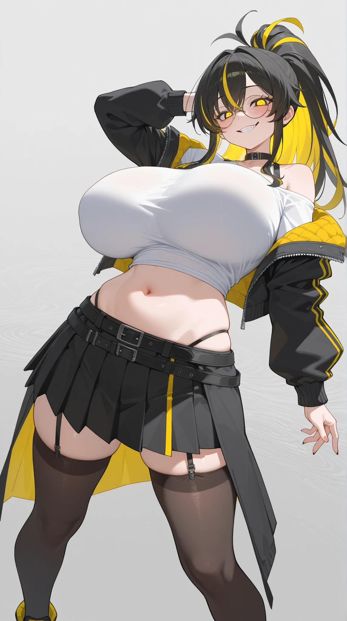masterpiece, best quality, highres, hmnc1, animal ears, tail, shiny dark skin, (dark brown eyes: 1.5), huge breasts, multicolored hair, open jacket, white jacket, fishnets, belt, asymmetrical legwear, short shorts, midriff, white shorts, highleg panties, huge breasts, underboob, clothing cutout, cowboy shot, standing, outdoors, (blush:1.5),