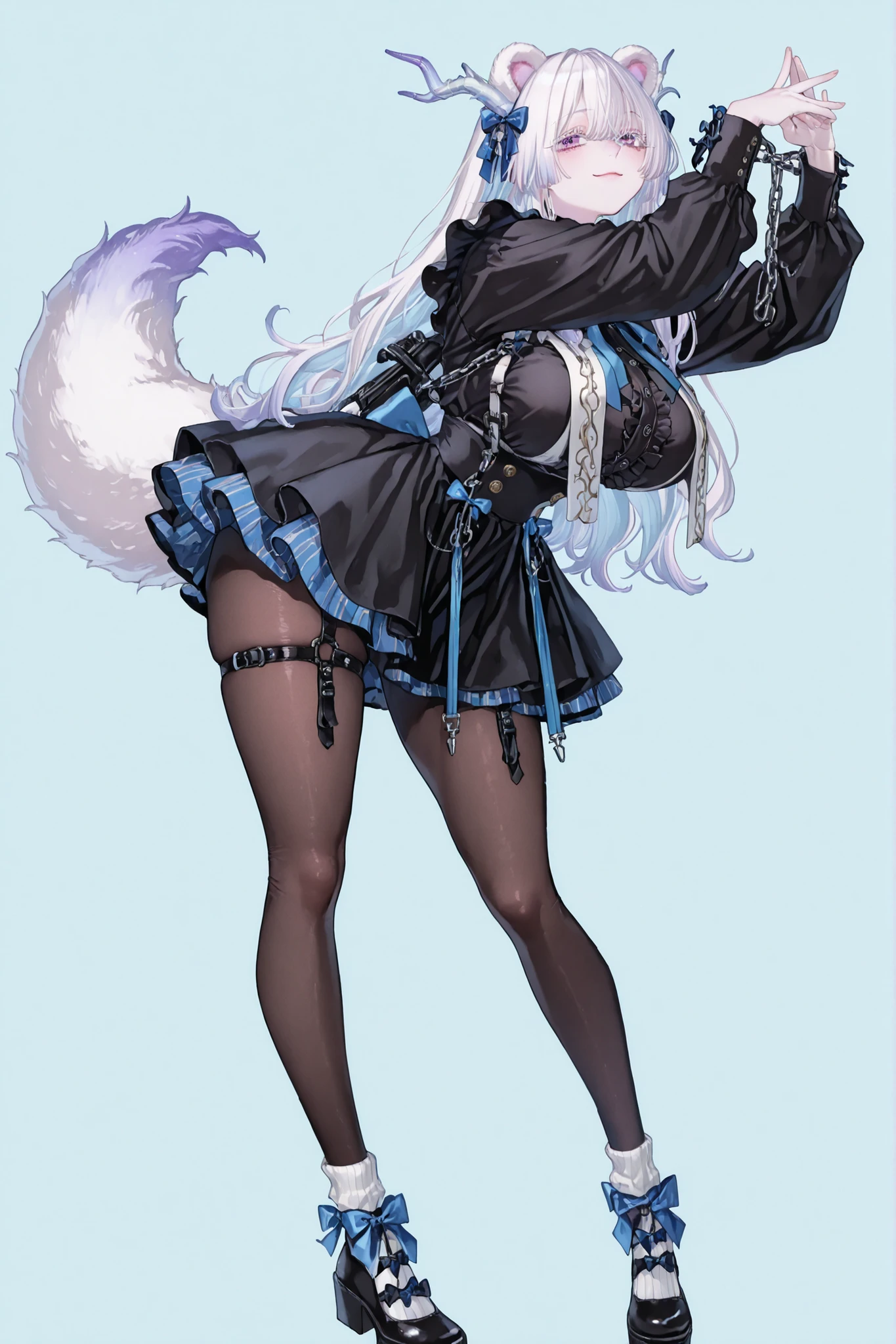 8k wallpaper、 top quality 、masterpiece、bear ears, 748cm スThailandル 、black shirt, woman 1 person、ribbon、 cute black puffy skirt layers and buttons、 cute black oversized puffy sleaves with open sholders 、cute big bow on her back, long fox tail with cute bows, chains and Accessories on it, pantyhose、 black knee socks 、rororogi mogera、 style strap 、 Thailand、 pantyhose、、white hair with pink lines、white albino eyelashes 、 long hair、 Underbob 、blue ribbon bow in the head、 Pretty pastel purple Eyes、 wide hips、Protruding thighs 、 pale pinky skin, very big breasts 、 Light blue background 、 simple background、lazy smile、 high detail, standing up、 leaning down towards the camera, making a cute photo pose with her hands, fullbody, big chinese dragon horns with cute bows and chains on it, cute bow on her waist