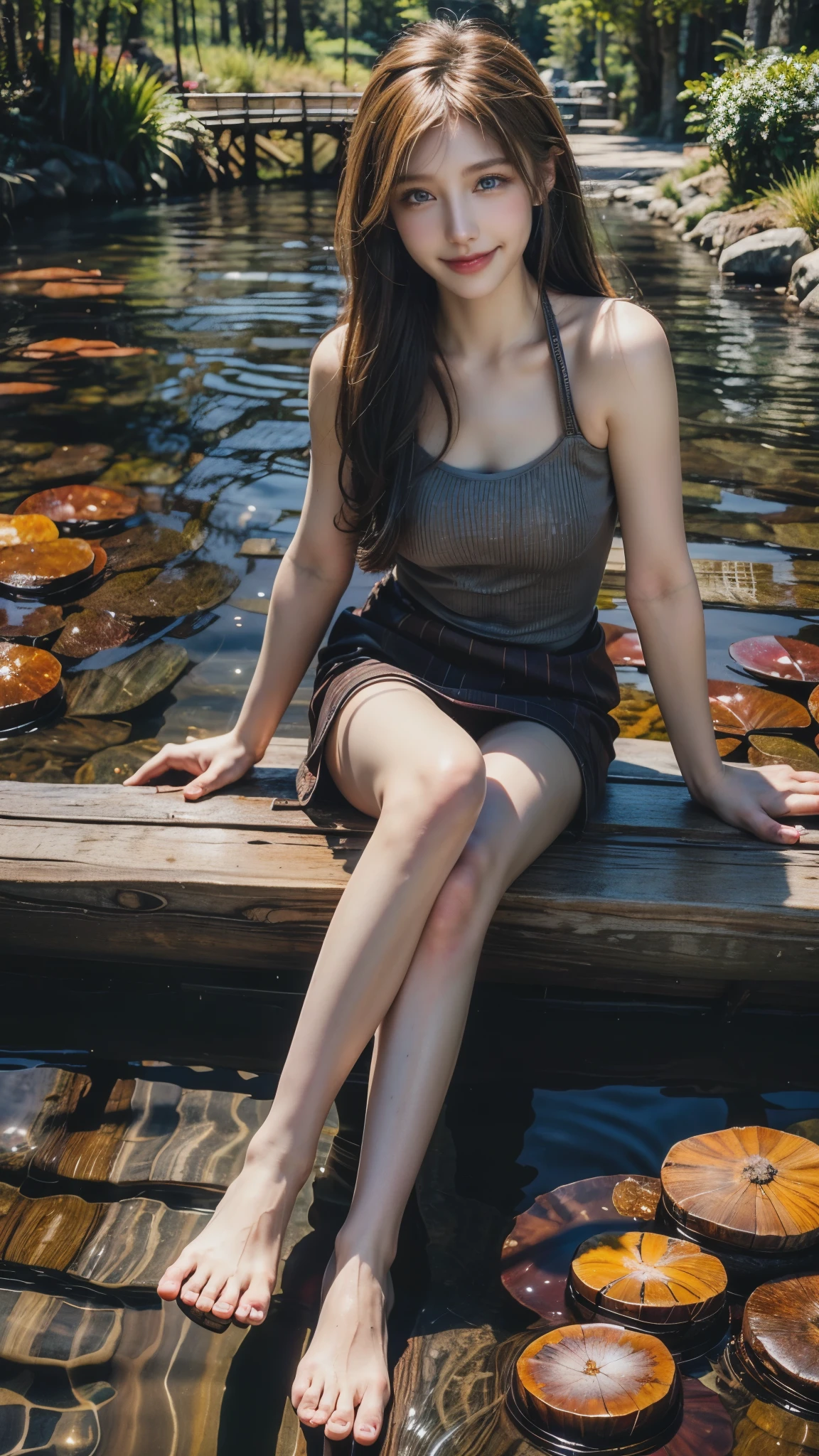 (photo realistic), highly detailed, Award-winning photography, Sharp focus,
A beautiful Scandinavian woman,
extraordinarily beautiful face, blonde, (blue eyes), (detailed face),
Smiling with the best smile,

A small wooden wooden bridge crosses the crystal clear stream,
She was casually sitting on a small wooden bridge,
a crystal-clear mountain stream, gently kicking her bare feet and splashing water playfully.
Sunlight filters through the trees, sparkling on the water’s surface.
She looks like she's having a great time,
The scene is vibrant, refreshing, and full of life, surrounded by lush greenery and the sounds of nature.
