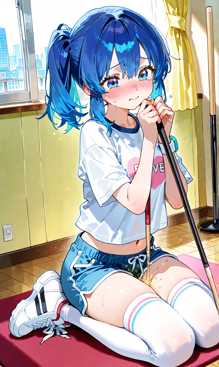 Anime girl sitting on table, beautiful anime girl crouching, Biomechanical OPPAI, Sexy pudica pose gesture, seductive anime girls, with index finger, the anime girl is crouching, an oppai cyberpunk, hajime yatate, rogue anime girl ayanami rei, ryuko matoi, sexyposture, konachan，Exhale the mist，open open mouth，Stick out your tongue mermaid line，musculature，Ambiguous eyes，High-fork panties，Be red in the face，huge tit，over knee socks，Excitation，open open mouth，Stick out her tongue， dropping saliva，Lick popsicles，White popsicles，Melted popsicles，Hair tied up，Long tongue，Single horsetail，The melted popsicle falls on the chest，Excitation，Place your hands on your chest，Plenty of liquid，White liquid
