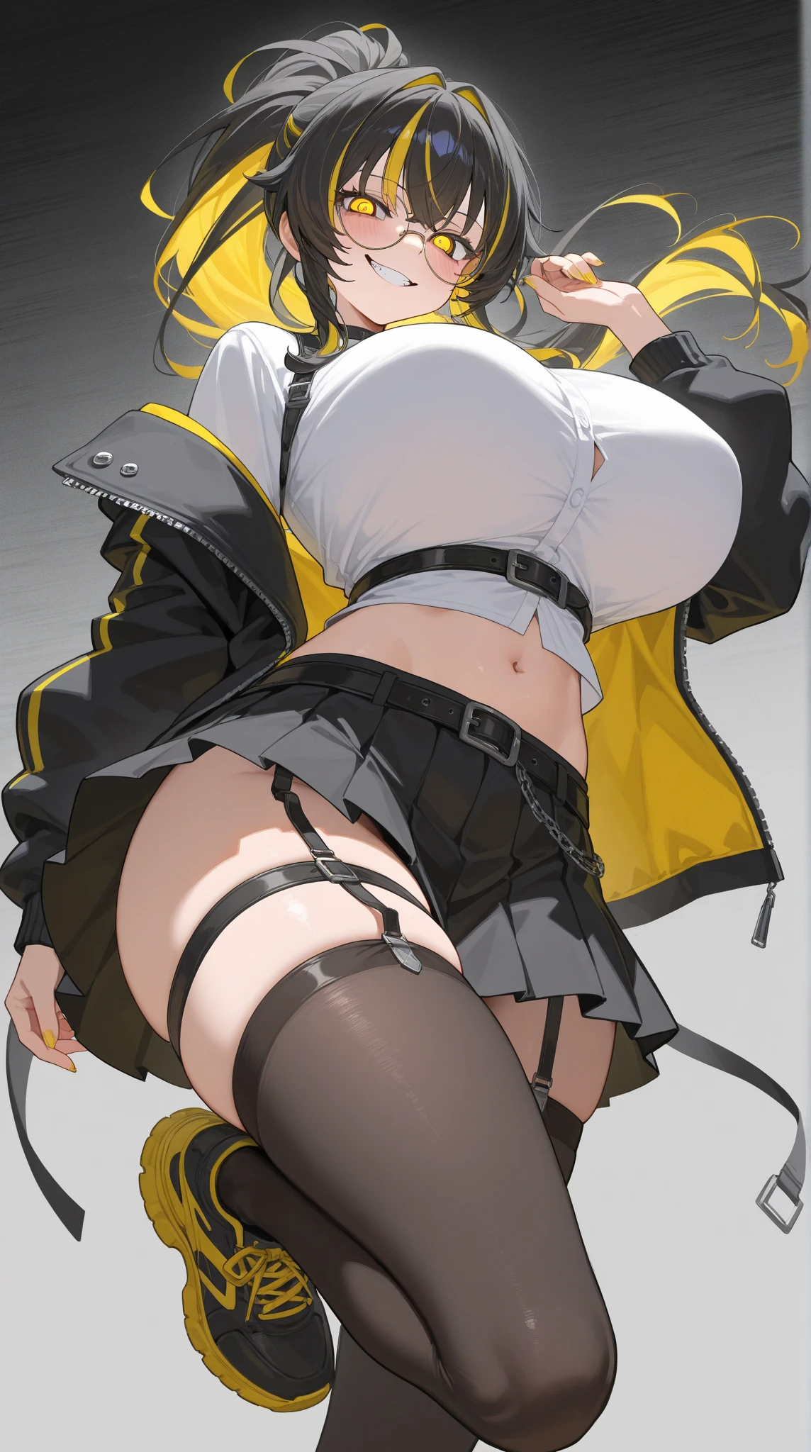 giantess art, highly detailed giantess shots, giantess, Two legs, Five fingers, short hair, A beautiful girl who is bigger than a skyscraper, Wearing rimless glasses, smile, Big Breasts, In underwear, Black Pantyhose, black pantyhose, no shoes on, toes visible through pantyhose, Steam coming out from the soles of my feet, Destroying cities, A very small big city, Miniature metropolis, Full body description, GTS, giga giantess, stomping city, crash city, tiny city, micro city, pantyhose feet, High resolution, highest quality, masterpiece, transparent bodystocking,