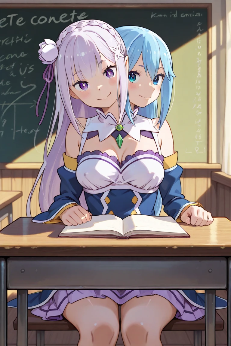 Two girls. A world of swords and sorcery. Wizard. Sitting on a chair, drinking tea on the desk. White underwear. Miniskirt. Opening the crotch. Knee-high socks. Big tits. Watching from under the desk. Bangs Patsun