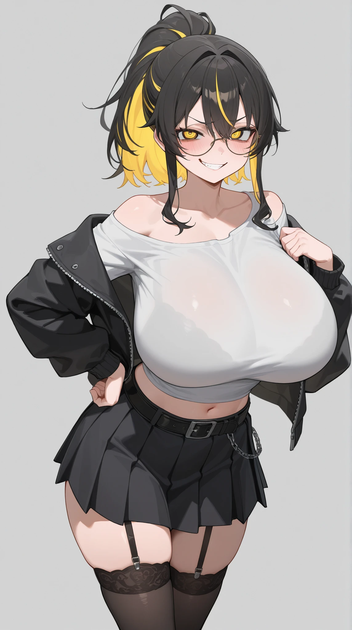 masterpiece, best quality, 1girl, solo,elegg, short hair, bangs, hair intakes, multicolored hair, ((hair over eyes)), crop top, bare shoulders, suspenders, navel, short shorts, thigh strap, long sleeves, plump, sports bra, purple eyes,(huge breasts), underbust, looking at viewer, bedroom,(potbelly:1.3),seductive smile,open mouth,cowboy shot