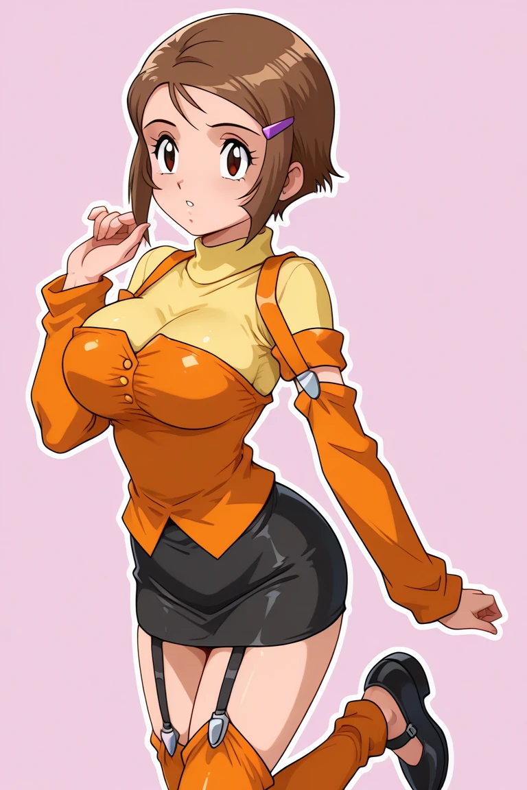 Prompt: ,score_9, score_8_up, score_7_up, score_6_up, score_5_up, score_4_up, BREAK, source_anime,1girl,,ochaco uraraka, my hero academia, my hero academia style,, wide hips,, pussy, simple background, looking at viewer, haughty, confident, smug,, rating_explicit, slutty clothing, exhibitionist , pussy,fishnet minidress, fishnet dress, , sleeveless dress, bare legs, , strapless dress, jewelry, arm band, see through, solo