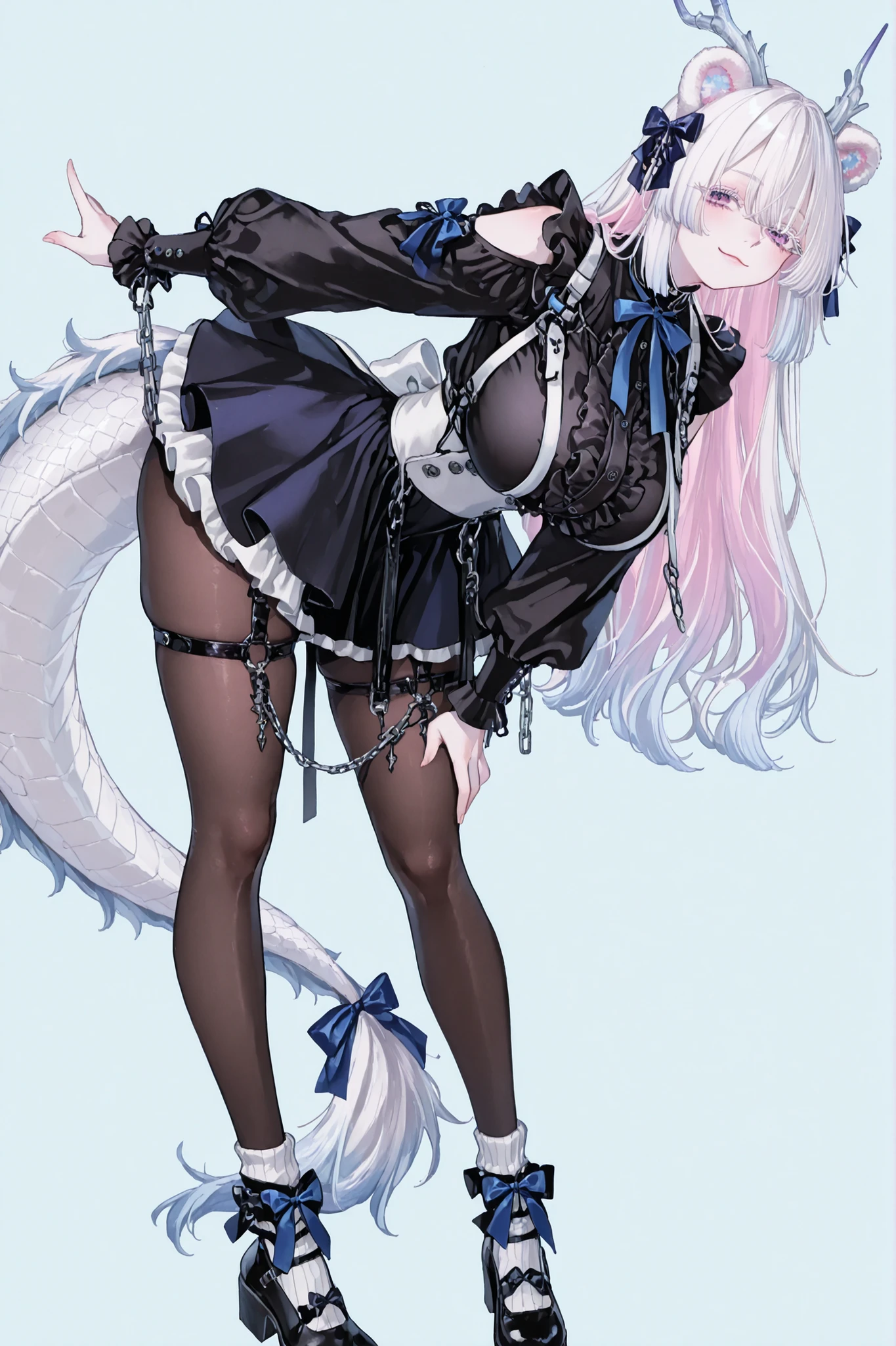 8k wallpaper、 top quality 、masterpiece、bear ears, 748cm スThailandル 、black shirt, woman 1 person、ribbon、 cute puffy skirt layers and buttons、 cute black oversized puffy sleaves eith open sholders 、cute big bow on her back, long fox tail with cute bows, chains and Accessories on it, pantyhose、 black knee socks 、rororogi mogera、 style strap 、 Thailand、 pantyhose、、white hair with pink lines、white albino eyelashes 、 long hair、 Underbob 、blue ribbon bow in the head、 Pretty pastel purple Eyes、 wide hips、Protruding thighs 、 pale pinky skin, very big breasts 、 Light blue background 、 simple background、lazy smile、 high detail, standing up、 leaning down towards the camera, making a cute photo pose with her hands, fullbody, big chinese dragon horns with cute bows and chains on it, cute bow on her waist